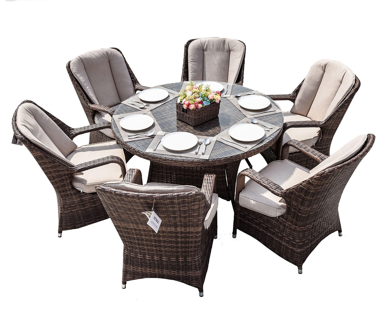 Geo 7-Piece Brown Wicker Patio Dining Set with Off-white Cushions | - Direct Wicker DWD-1711-BROWN