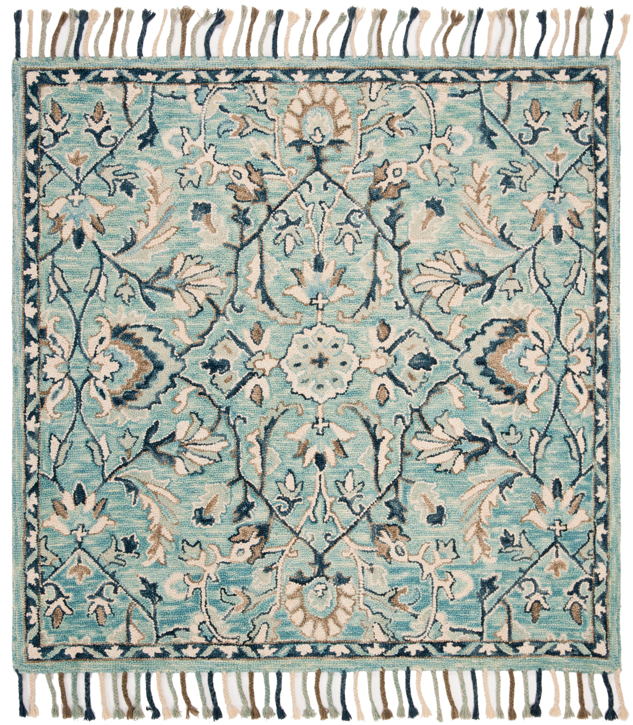 Blossom Blue and Ivory 6' Square Handmade Wool Area Rug