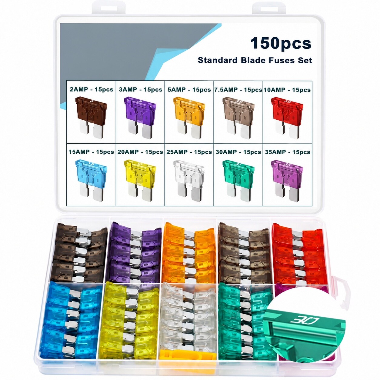 Vrbgify  150 Pcs Standard Automotive Fuse Kit Car Auto ATO Blade Fuses Assortment Kit with Fuse Puller for Vehicle Truck RV Boat 2A 3A 5A 7.5A