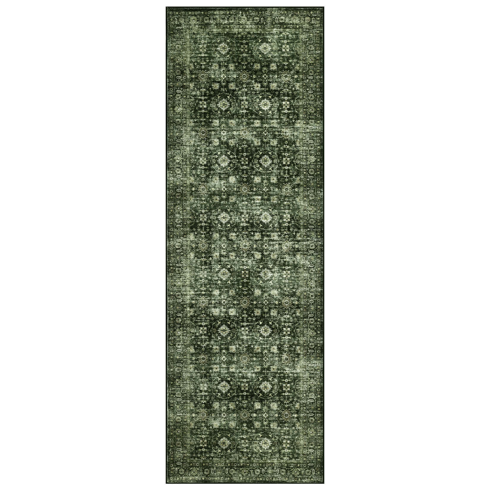 Qeetex LSN-PHK-33C8AQ7C 2 x 6 ft Polyester Wool Spinning Green Rectangular Hallway Bathroom Entryway Kitchen Office Foldable Flower Printed Persian Washable Area Rug
