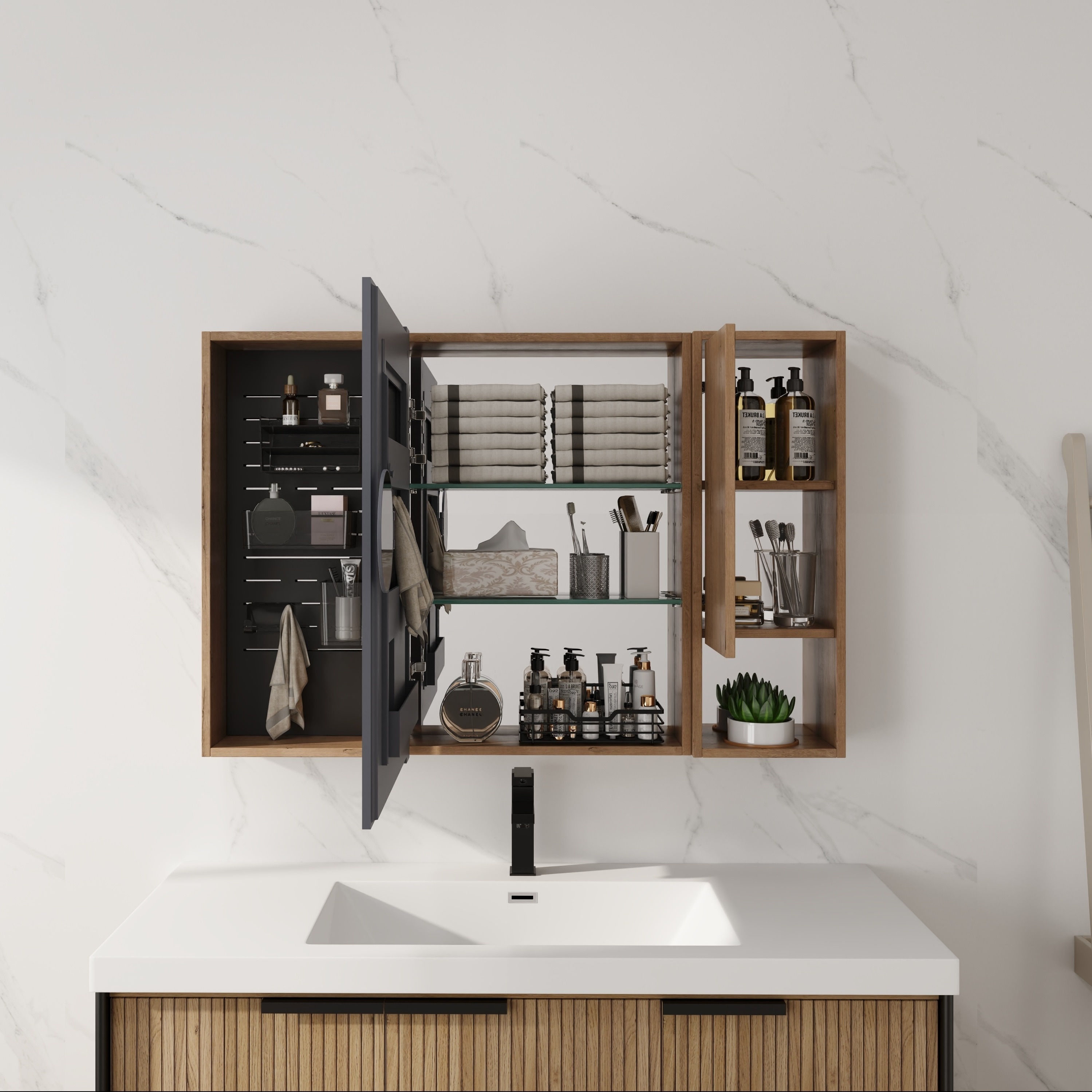 LOVMOR  41.69-in x 5.88-in x 27.56-in Imitative Oak Bathroom Wall Cabinet with Mirror and Soft Close Doors and Hooks