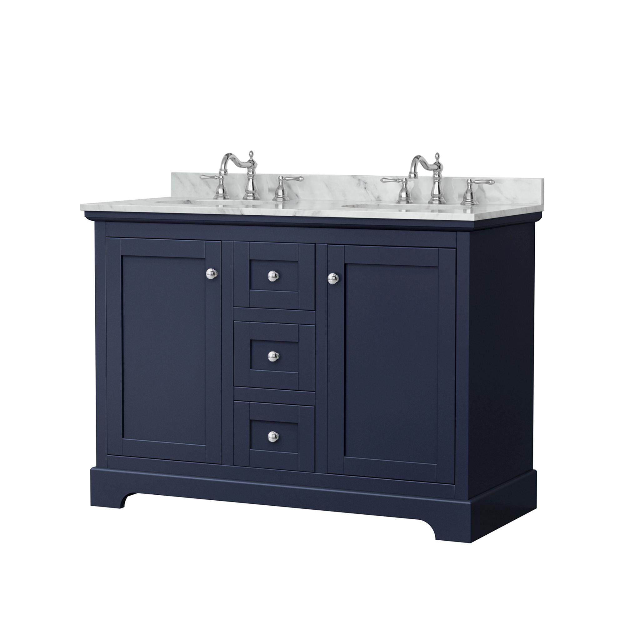 Wyndham Collection WCV232348DBCCMUNOMXX Avery 48-in Dark Blue Undermount Double Sink Bathroom Vanity with White Carrara Marble Top