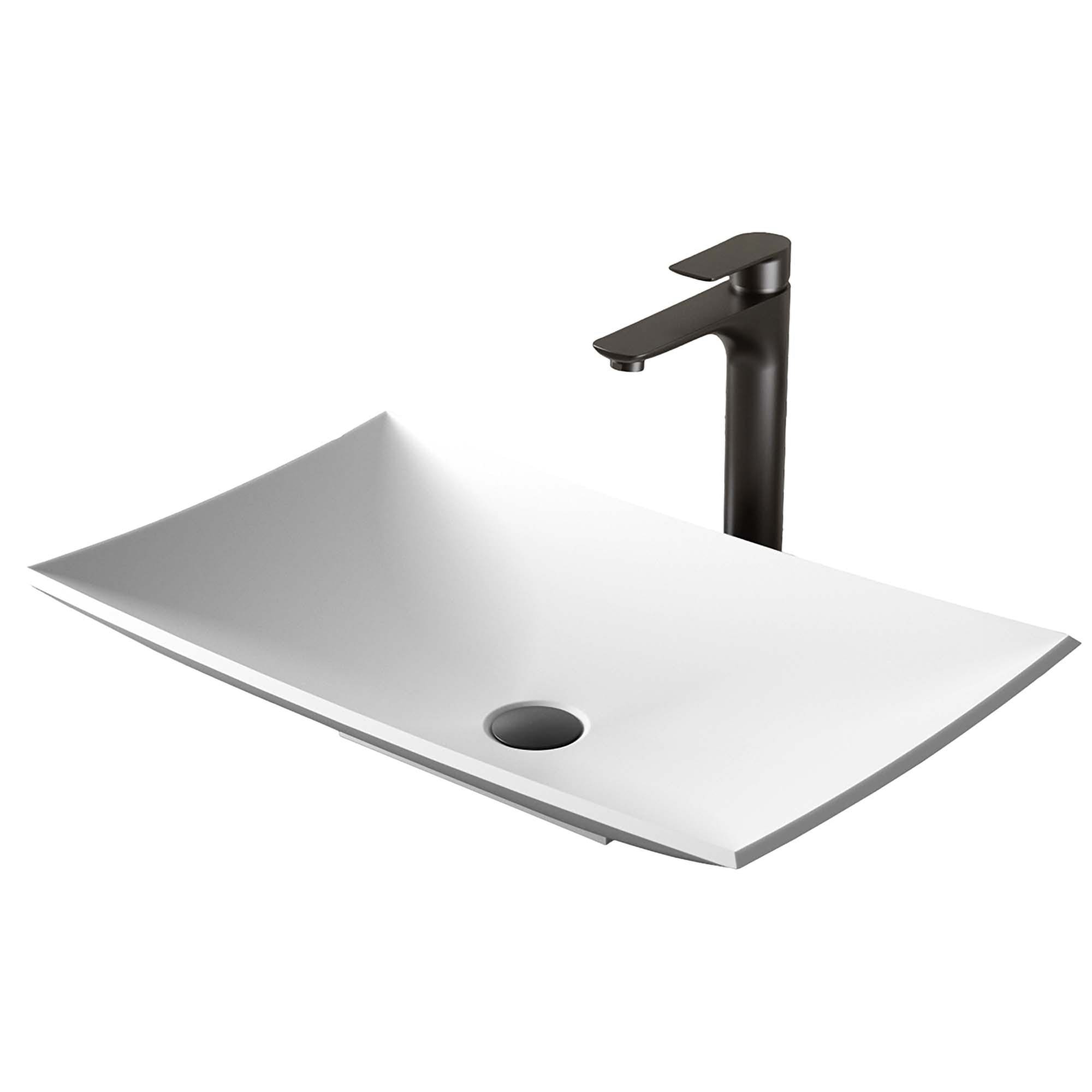 Karran QM170WH422MB  Quattro QM170 Matte White Acrylic 25 in. Rectangular Bathroom Vessel Sink with Faucet and drain in Matte Black