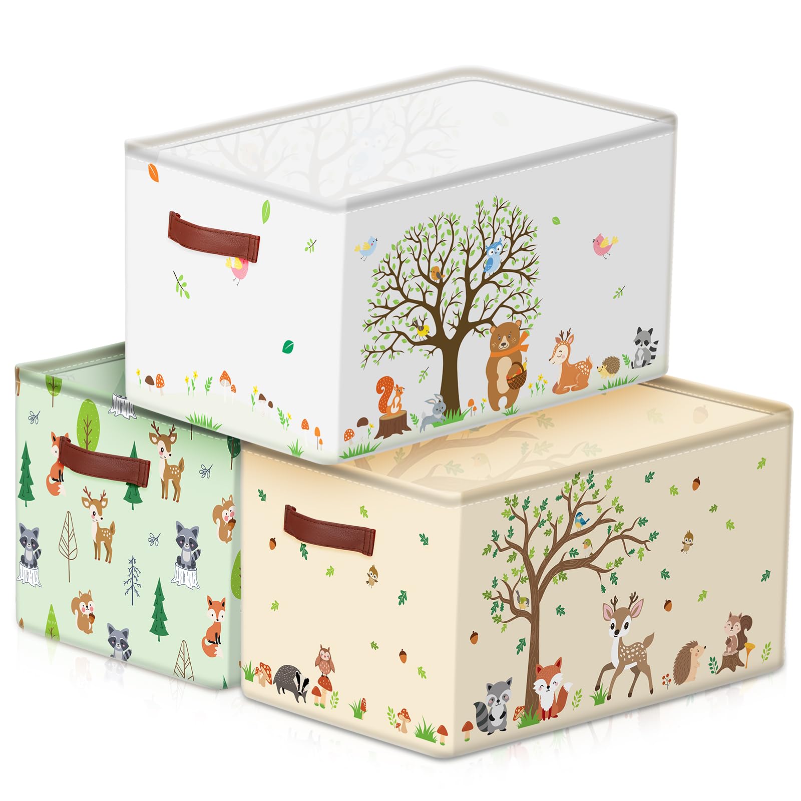 UUDULY  3 pack woodland animals storage baskets large collapsible canvas bins with handles bear fox raccoon design for nursery bedroom laundry