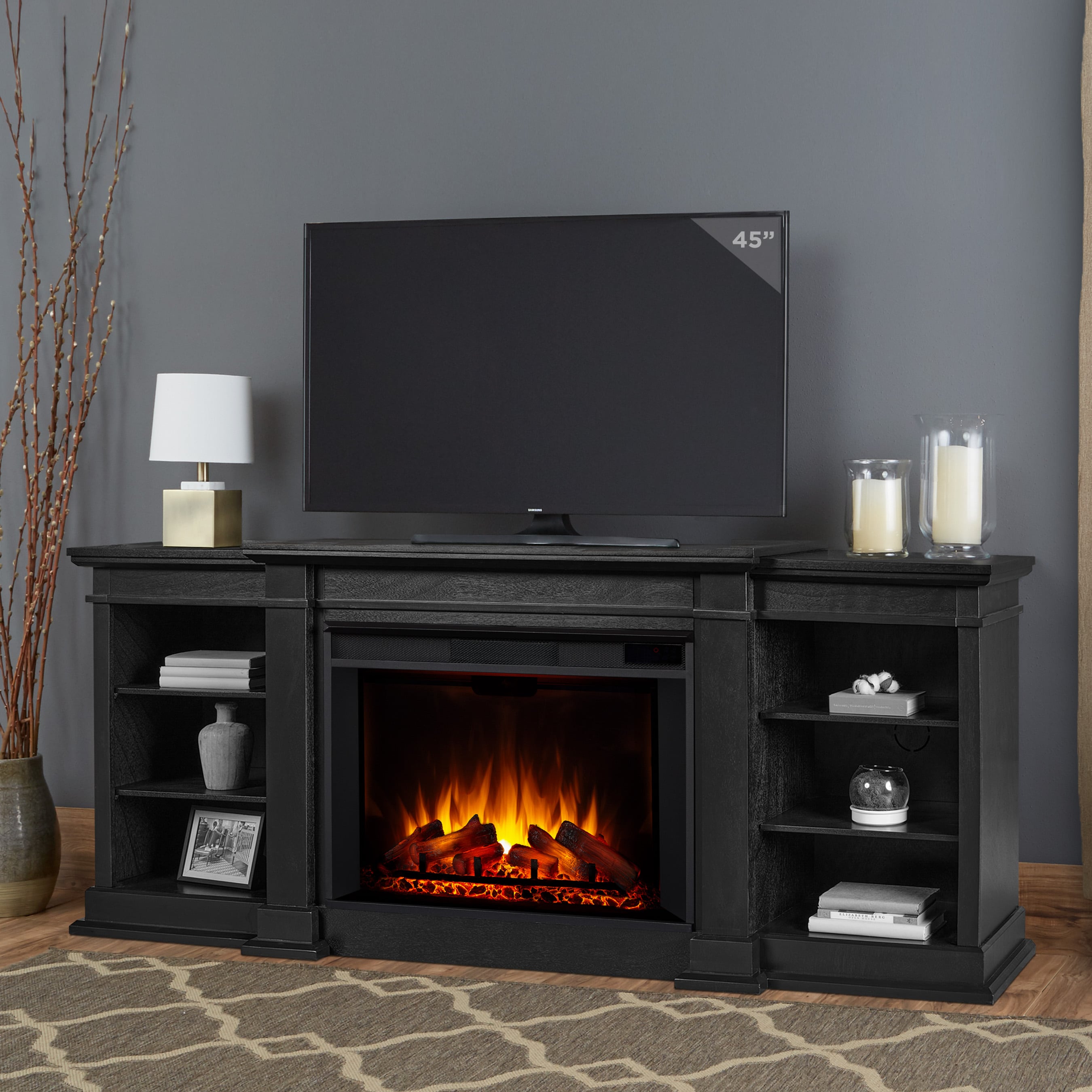 Real Flame 1290E-BLK 81-in W Black TV Stand with Fan-forced Flat wall Electric Fireplace with Remote Control Included