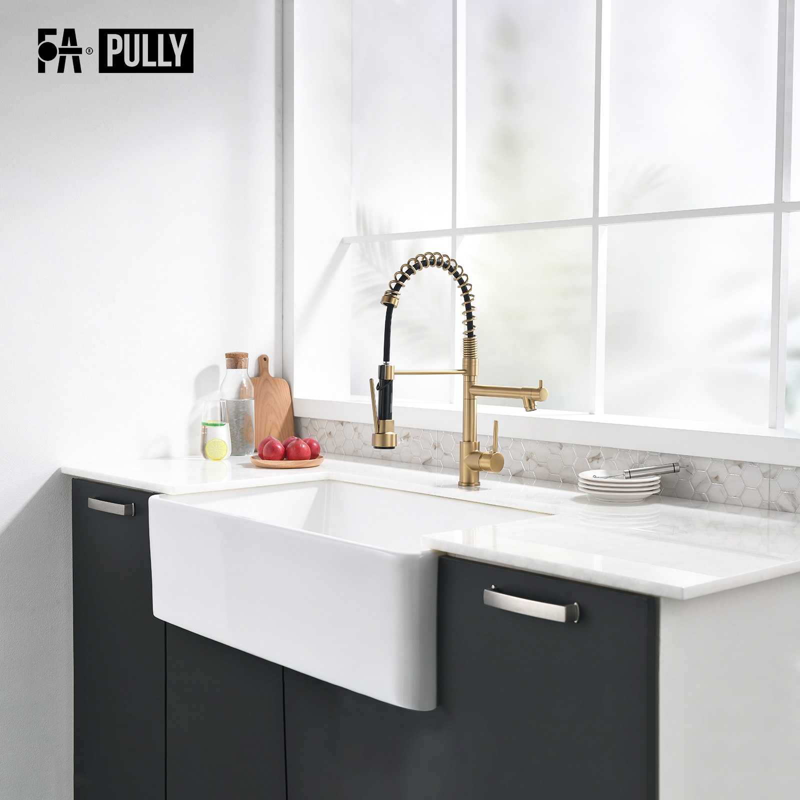 Fapully Brushed Gold Single Handle Pull-down Kitchen Faucet with ...