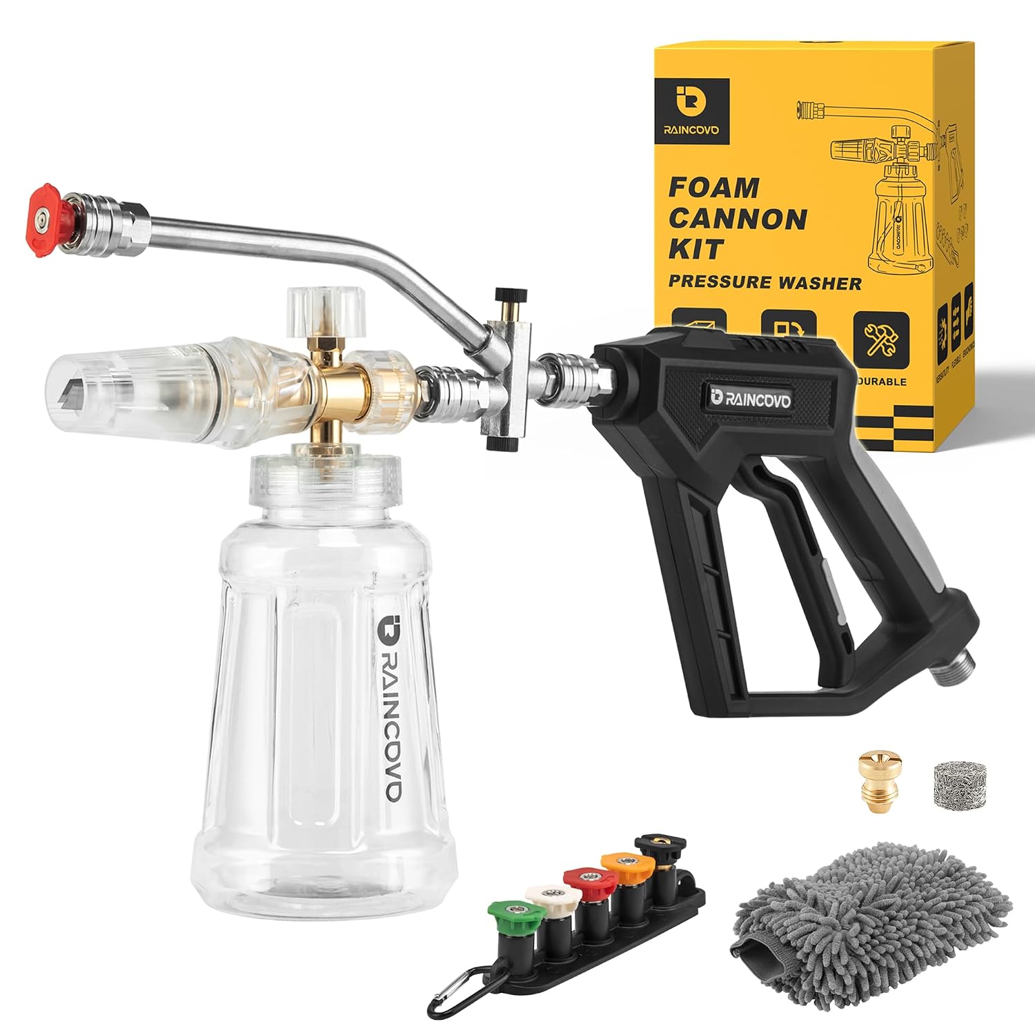Raincovo Foam Cannon Kit with Short Pressure Washer Gun Dual Connector Lance 5 Nozzle Tips Holder 1L Bottle 1/4 In Quick Connect and 1.1mm Orifice Nozzle for Car and Outdoor Surface Washing