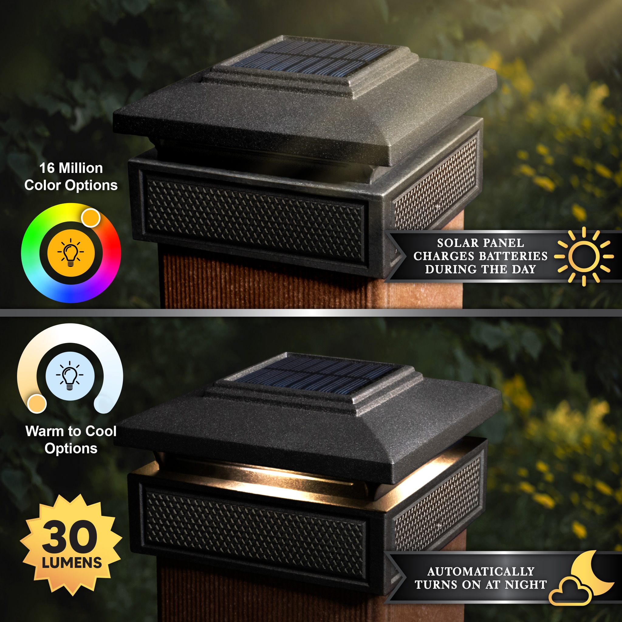 Black Aluminum LED Solar Post Cap Light with Dusk to Dawn Sensor