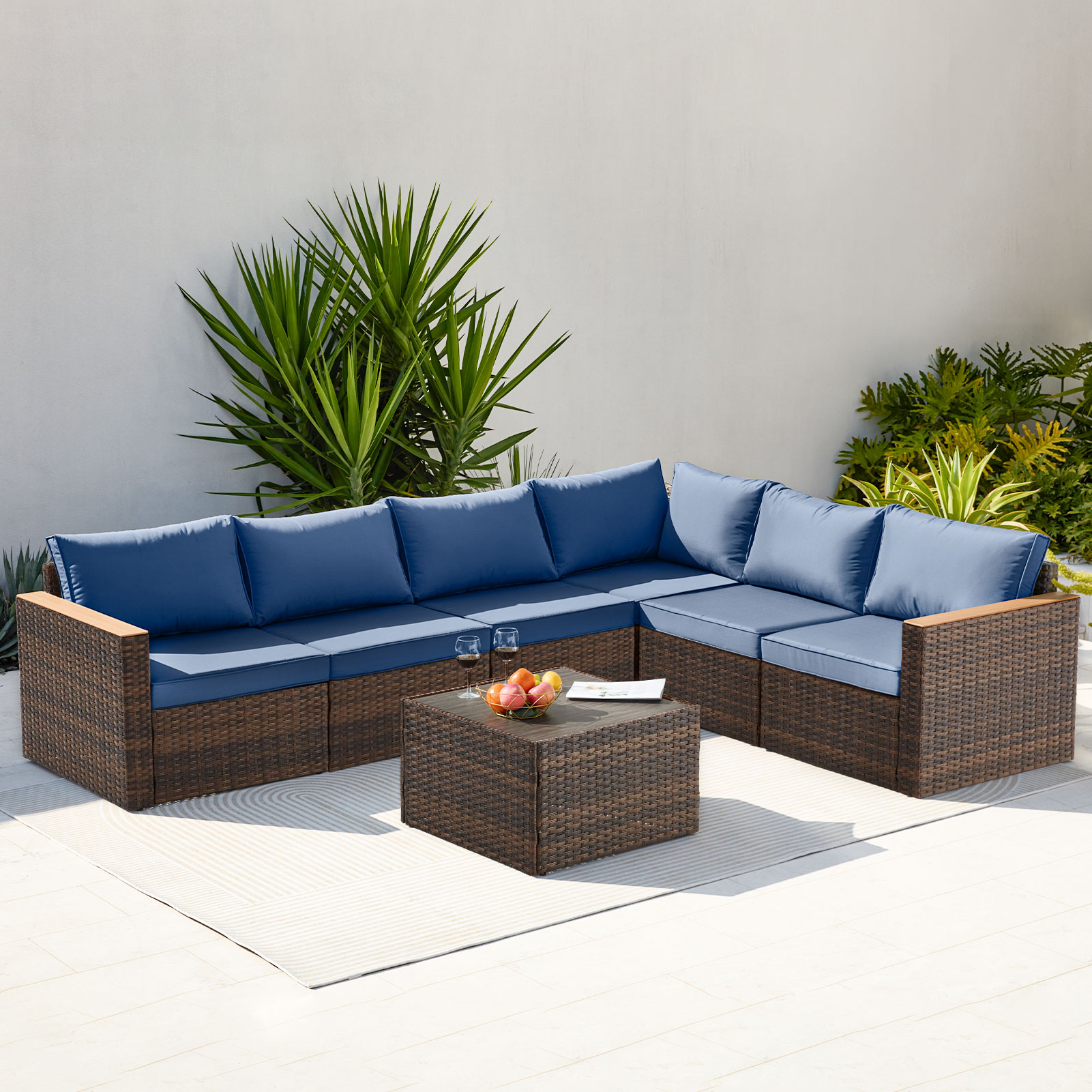 CESICIA R10-7P-BNBL 7-Piece Wicker Patio Conversation Set with Blue Cushions