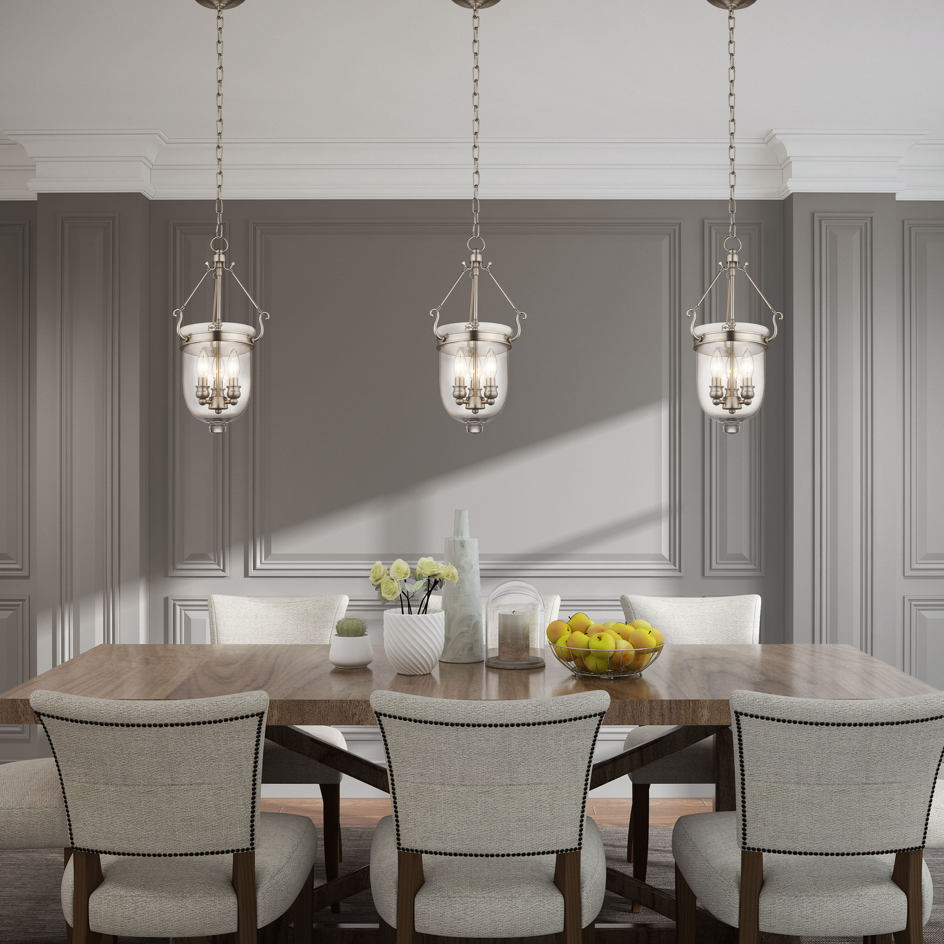 Elegant Brushed Nickel 3-Light Indoor/Outdoor Glass Jar Chandelier