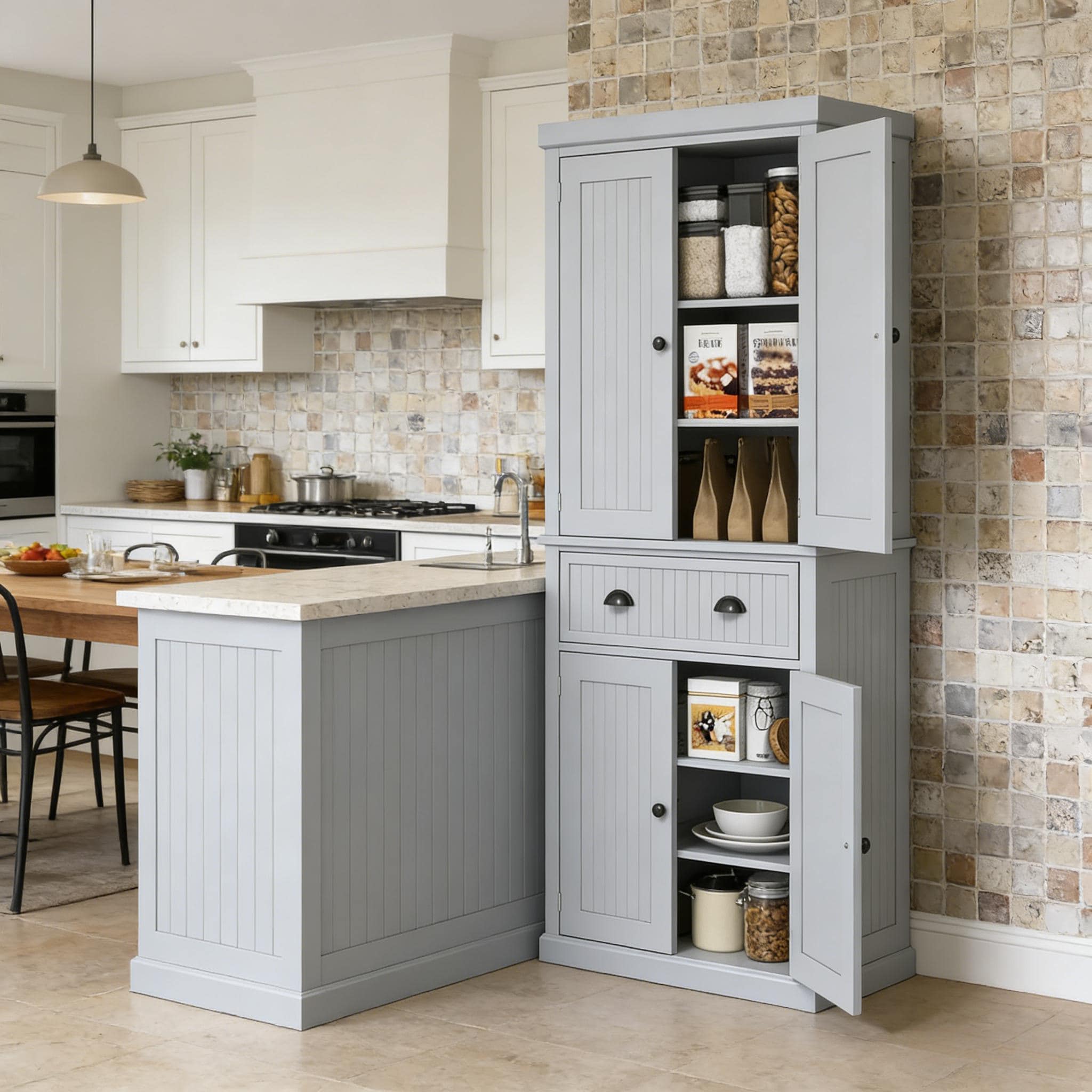 Vynxaria 30-in W x 72-in H x 15.75-in D Gray Freestanding Kitchen Pantry Cabinet with Adjustable Shelves and Drawers