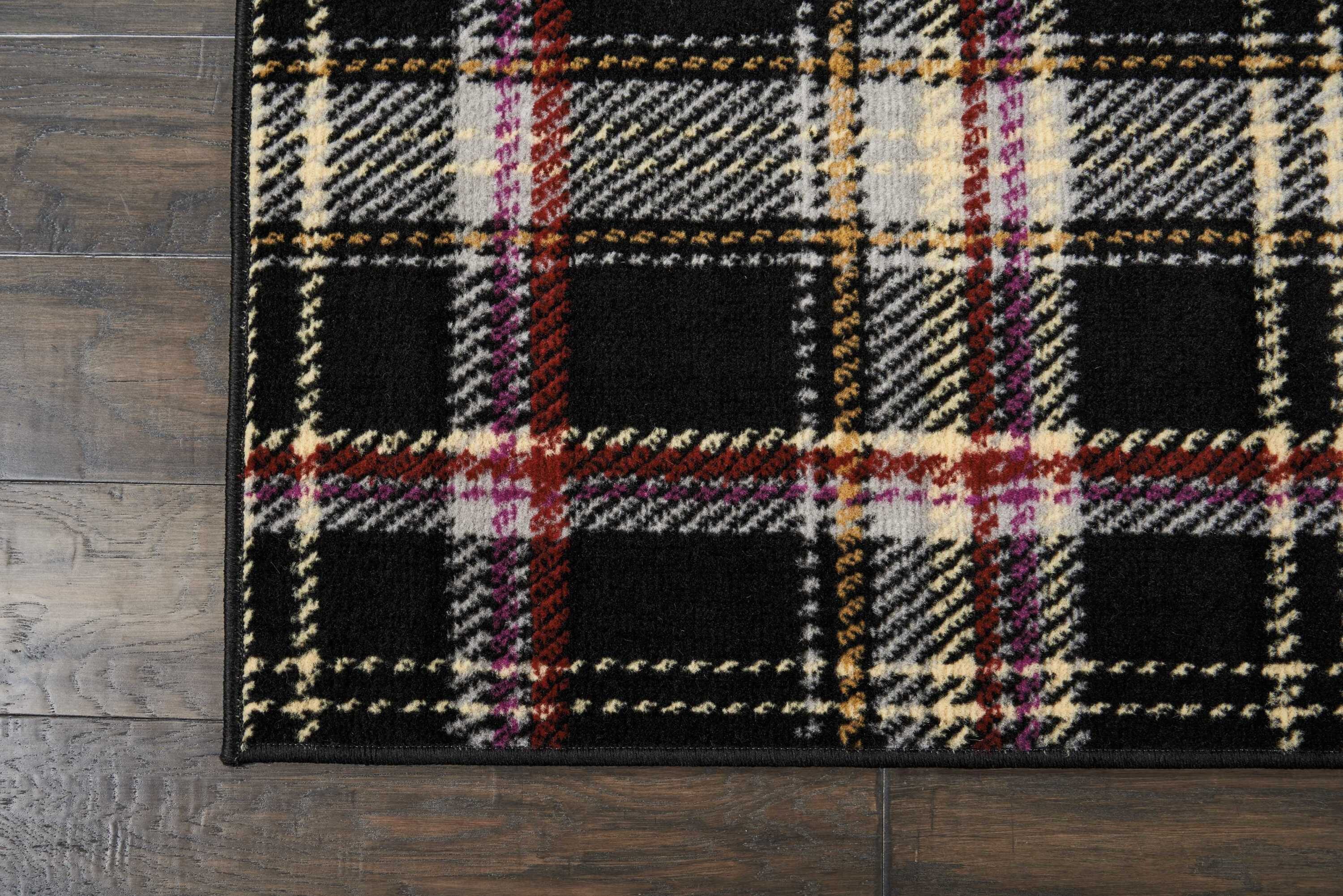 Hand-Knotted Black Plaid 8' x 10' Synthetic Area Rug