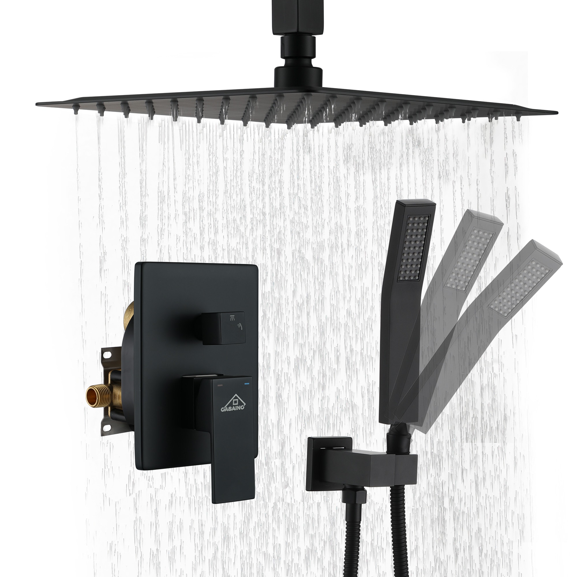 CASAINC RB0749-WE 10-In Ceiling Mounted Shower System with Handheld Shower Matte black 10-in Dual Head Built-In Shower Faucet System with 2-way Diverter ( Pressure-balanced Valve Included )