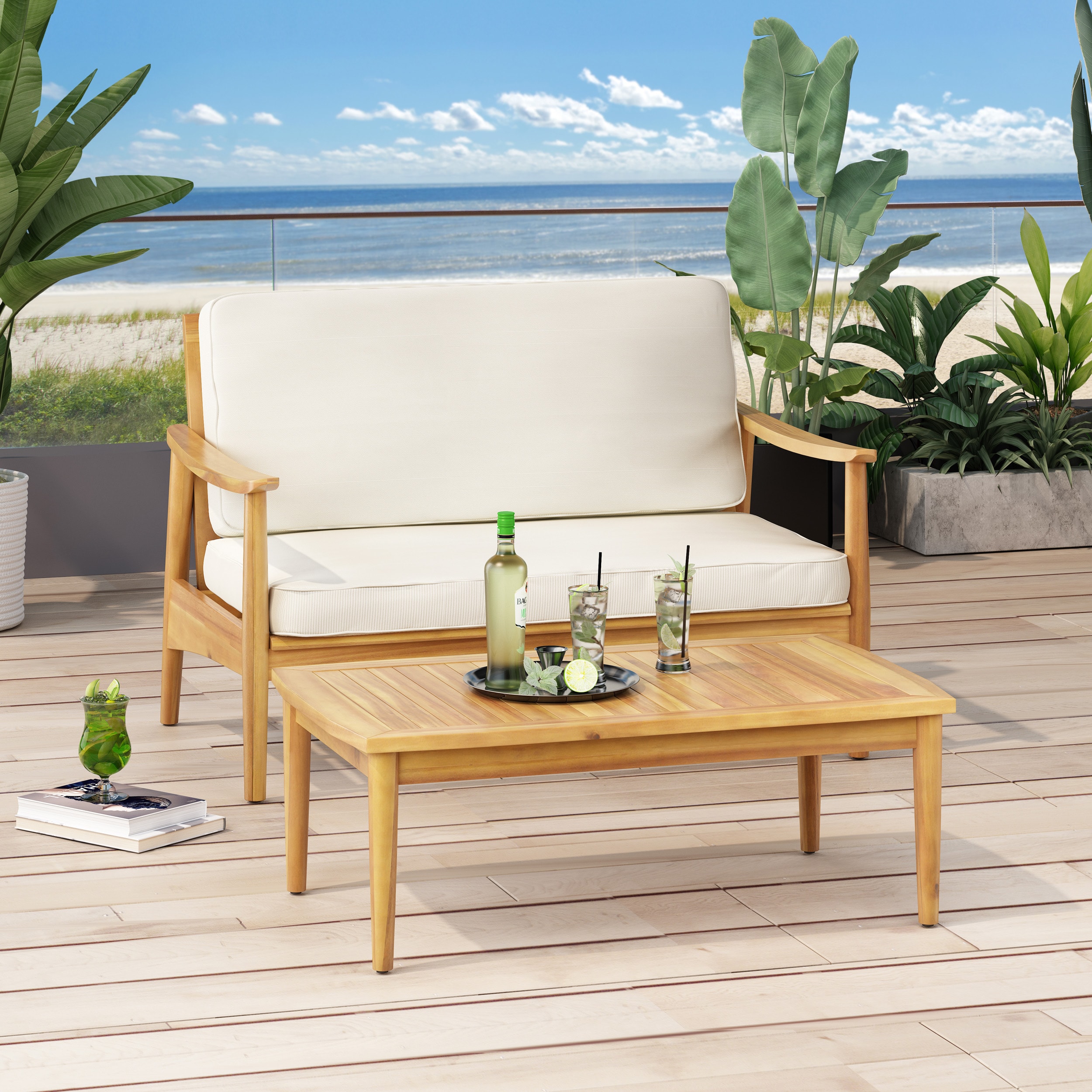 ModernLuxe L-68628.00BGE WILLOWBROOK LOVESEAT + COFFEE TABLE 2 -Piece Patio Conversation Set with Off-white / Cushions