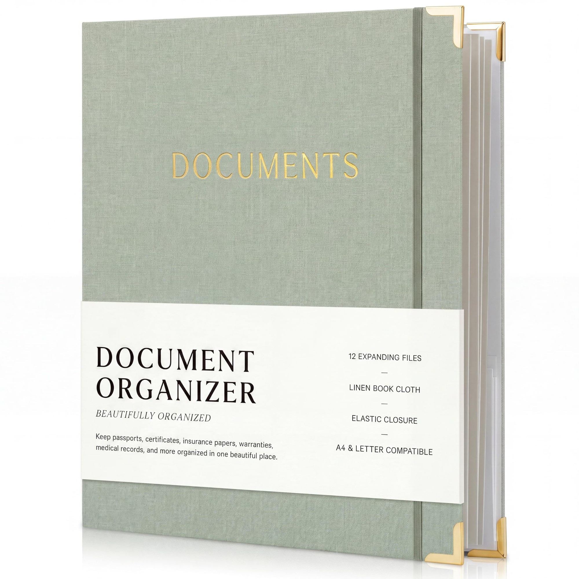 Wudkey 12.8in x 10.83in Sage Green Linen Document Organizer with Envelopes and Labels