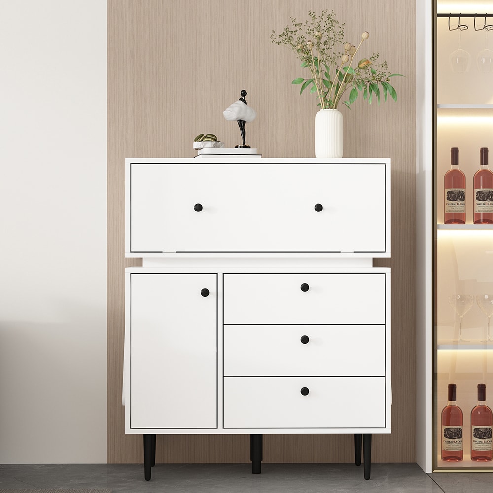 Homsee C-KF200262-01 Robot Style Storage Nightstand with 3 Drawers 2 Doors and Shelves Modern Dresser with Black Handles and Legs 31.5''L x 15.7''W x 38.6''H White