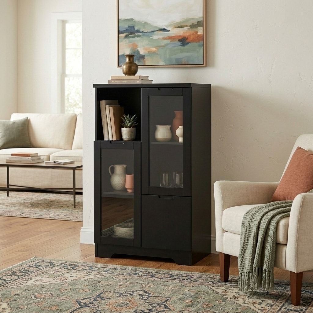 Belffin - MDF painted Cabinet with Glass Doors and drawer open storage space Black Bedroom Living...