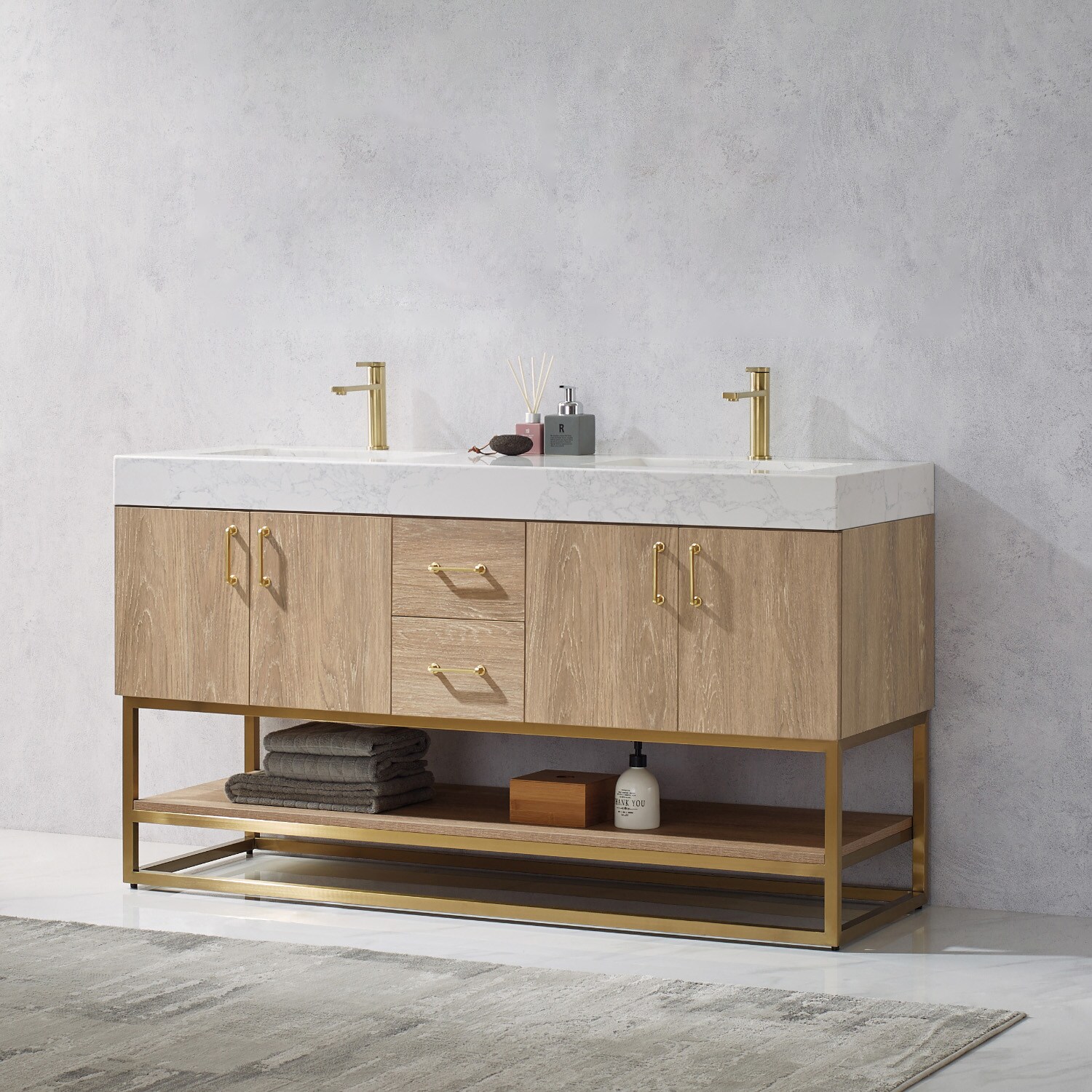 Vinnova Alistair 60 Double Vanity in North American Oak with White Grain Stone Countertop Without Mirror