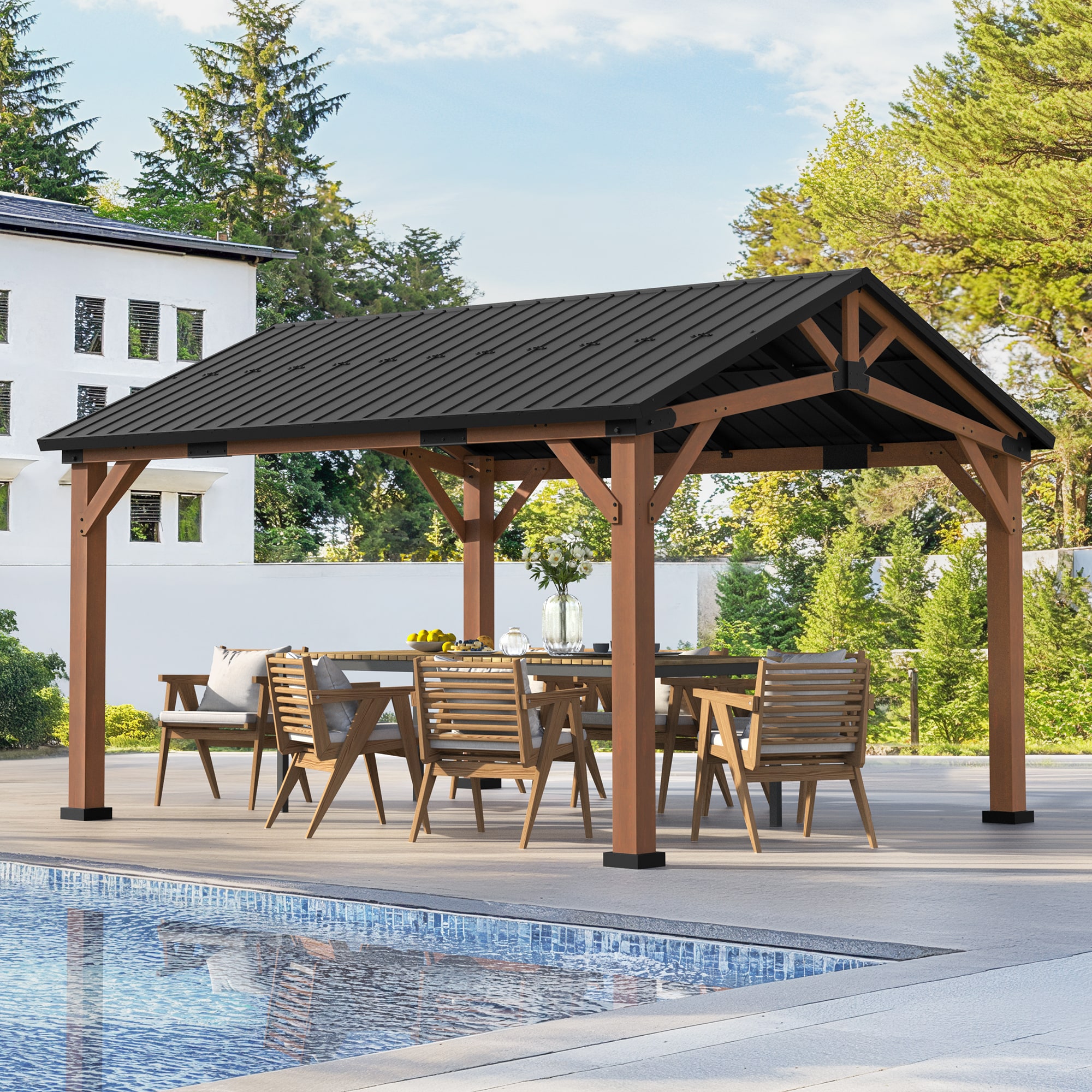 Yurevna TL-015-1ALS 14-ft x 12-ft Gazebo Brown Gazebo with Hardtop Roof