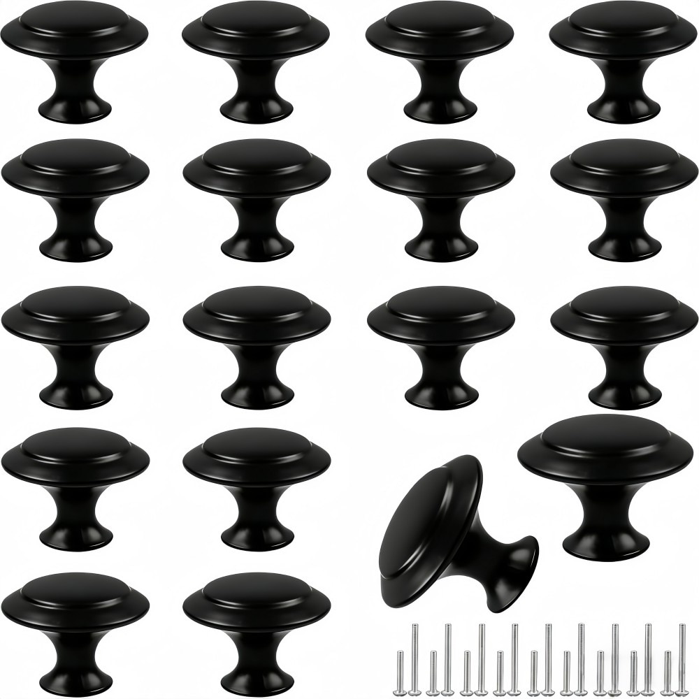 Numhew 18 Piece 30mm Round Matte Black Rust-Proof Cabinet Knobs with Screws for Dressers and Kitchens