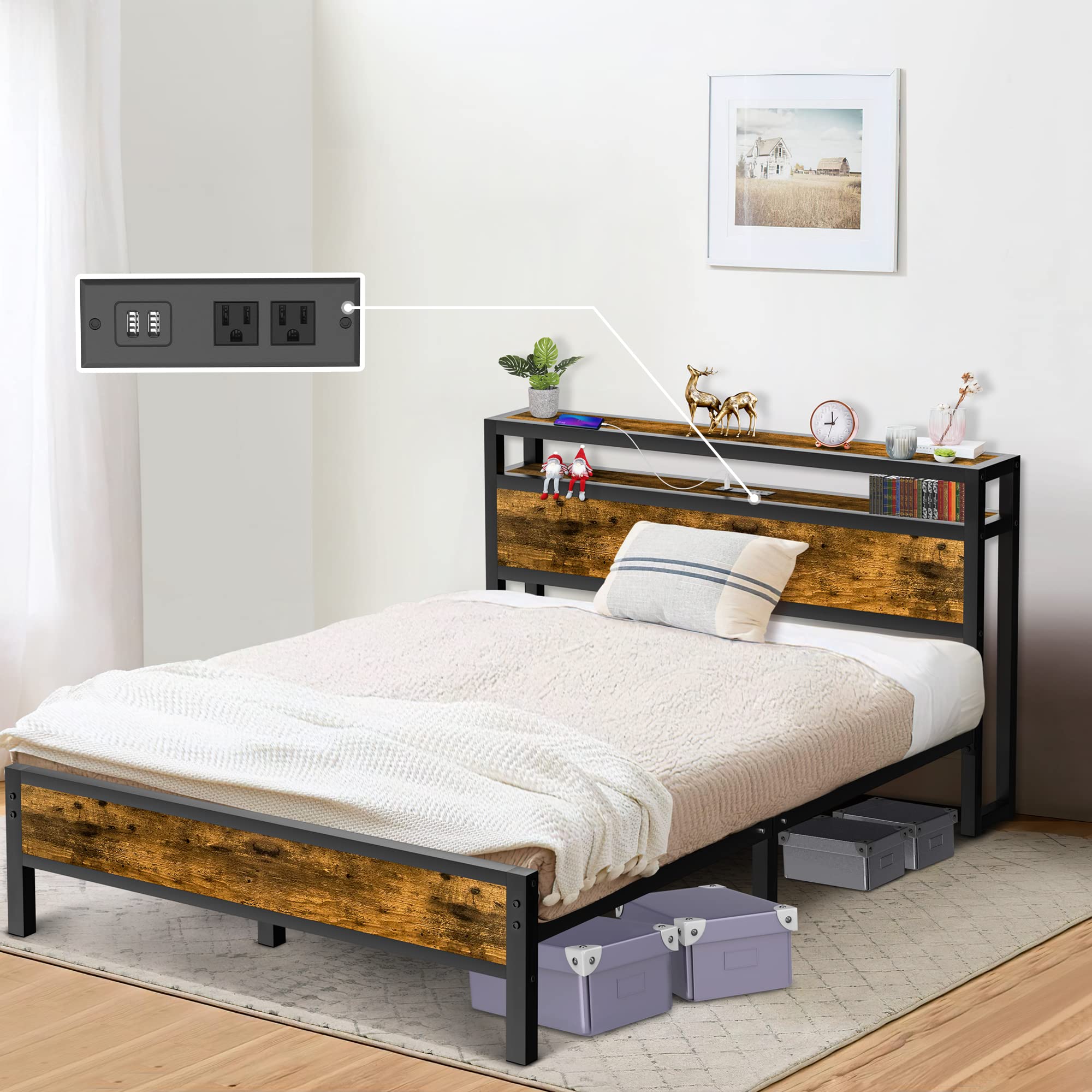 LTMATE LSCHYX-RBT04-HSMF Black Wood Full Metal Bed frame Bed
