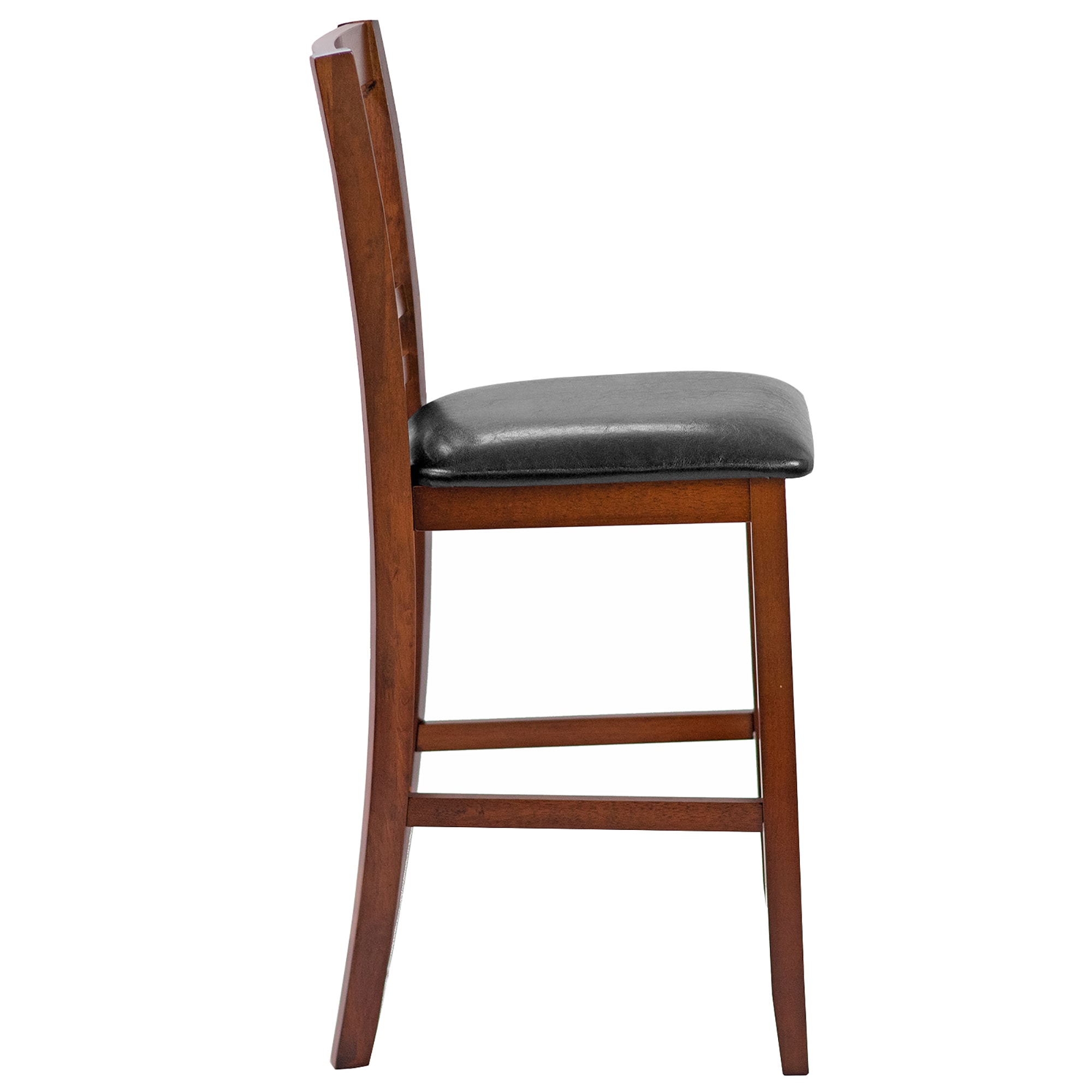 Set of 2 Walnut Wood Bar Stools with Black Leather Seat