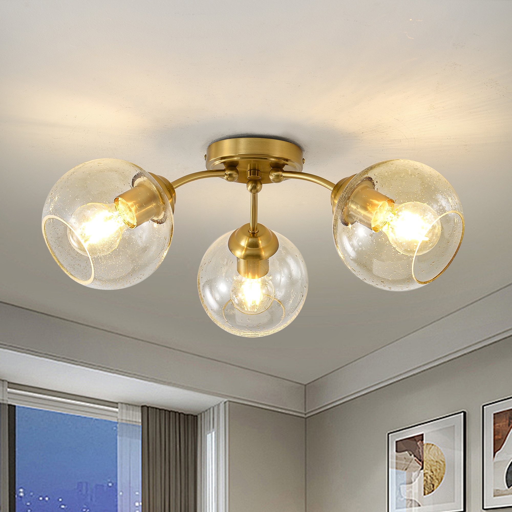 GZJunYo 3-Light 20.5-in Gold Modern Seeded Glass Semi-Flush Mount Light