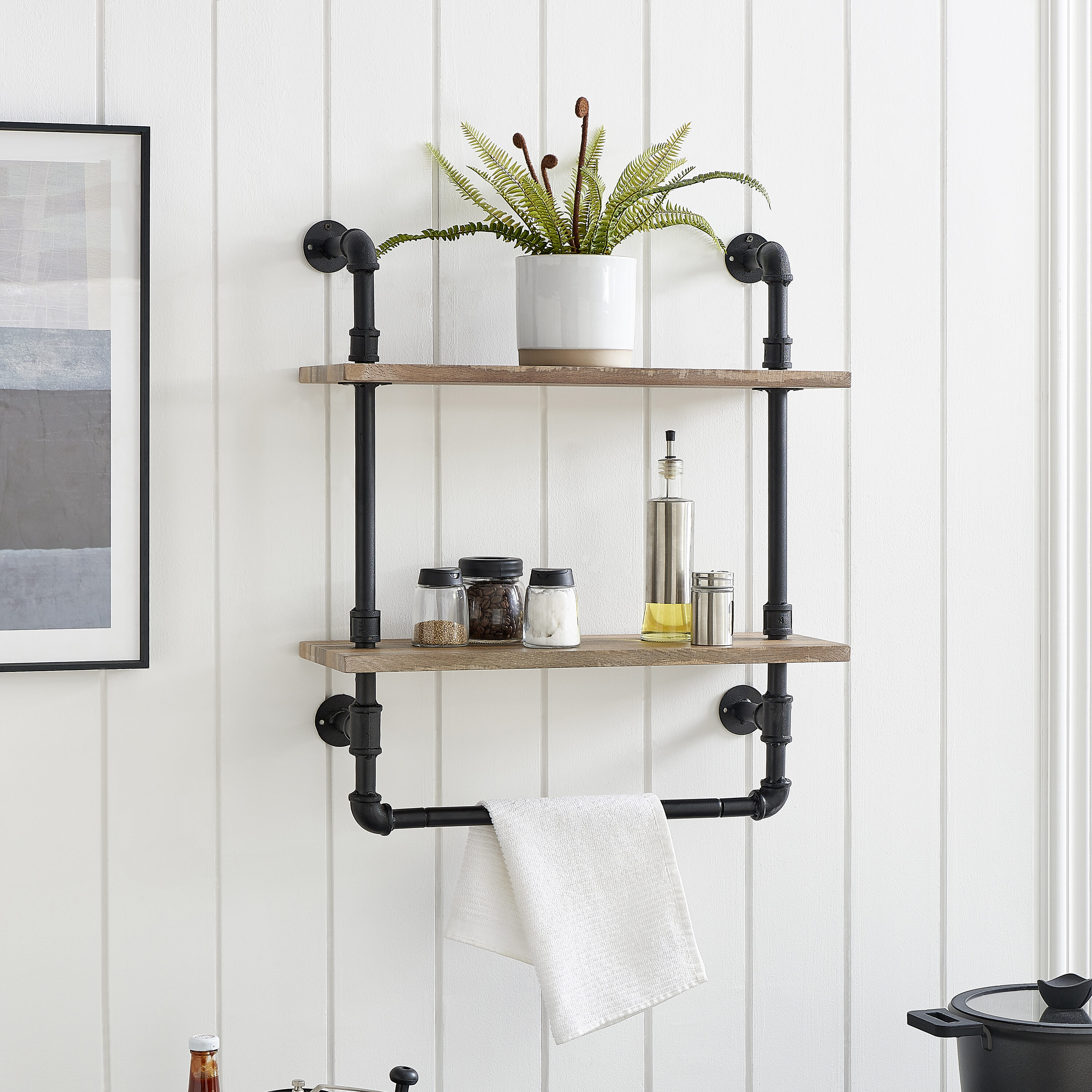 Danya B. GH21022 23.62-Inches L x 8-Inches D x 26.5-Inches H Brown, Black MDF Rectangular Bracket shelf 2 Decorative Shelves