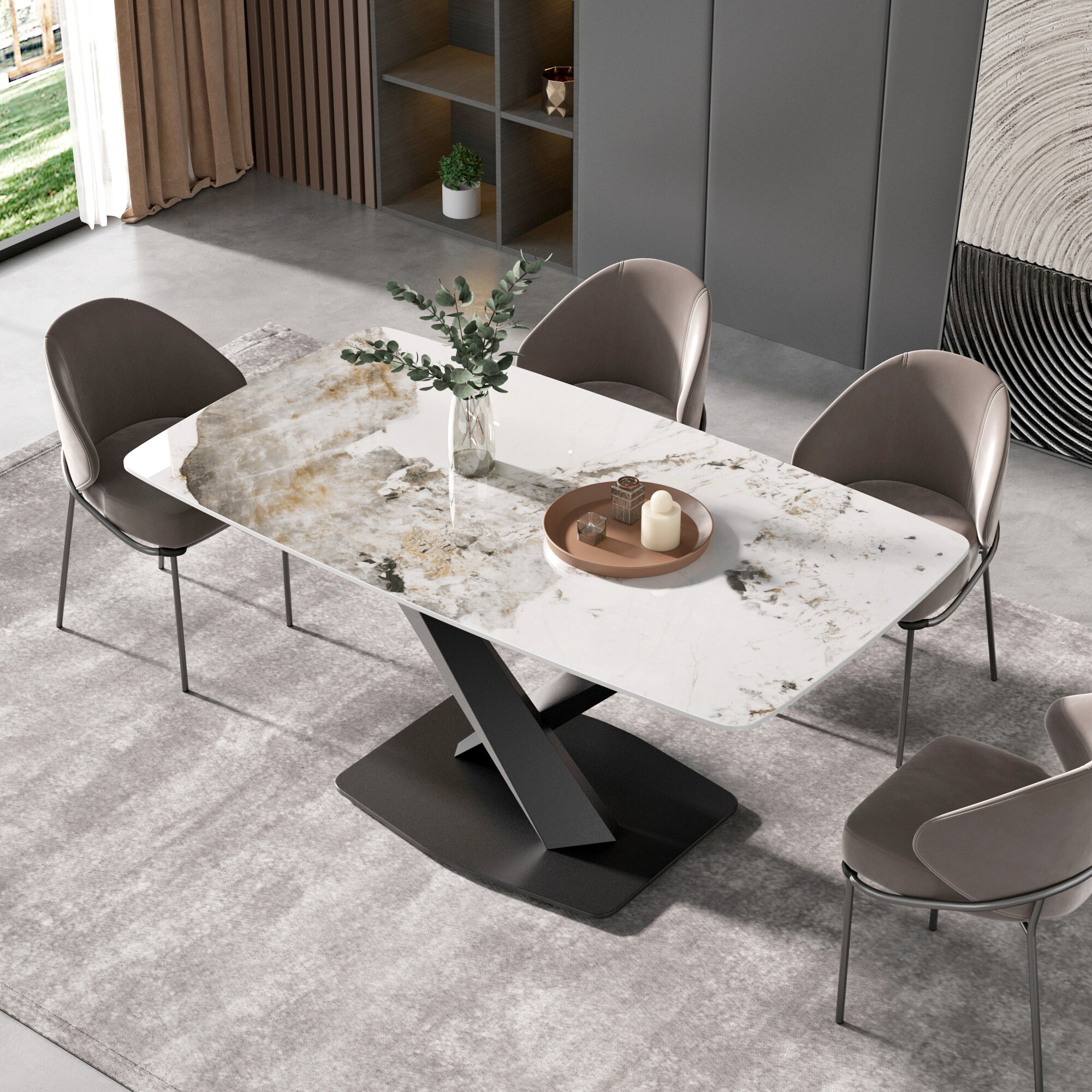 BuotiqHom DH-AT-16AP-AT4B Pandora Contemporary/Modern Dining Table, Ceramic with Primed Metal Pedestal Base 63-in L x 29.5-in H