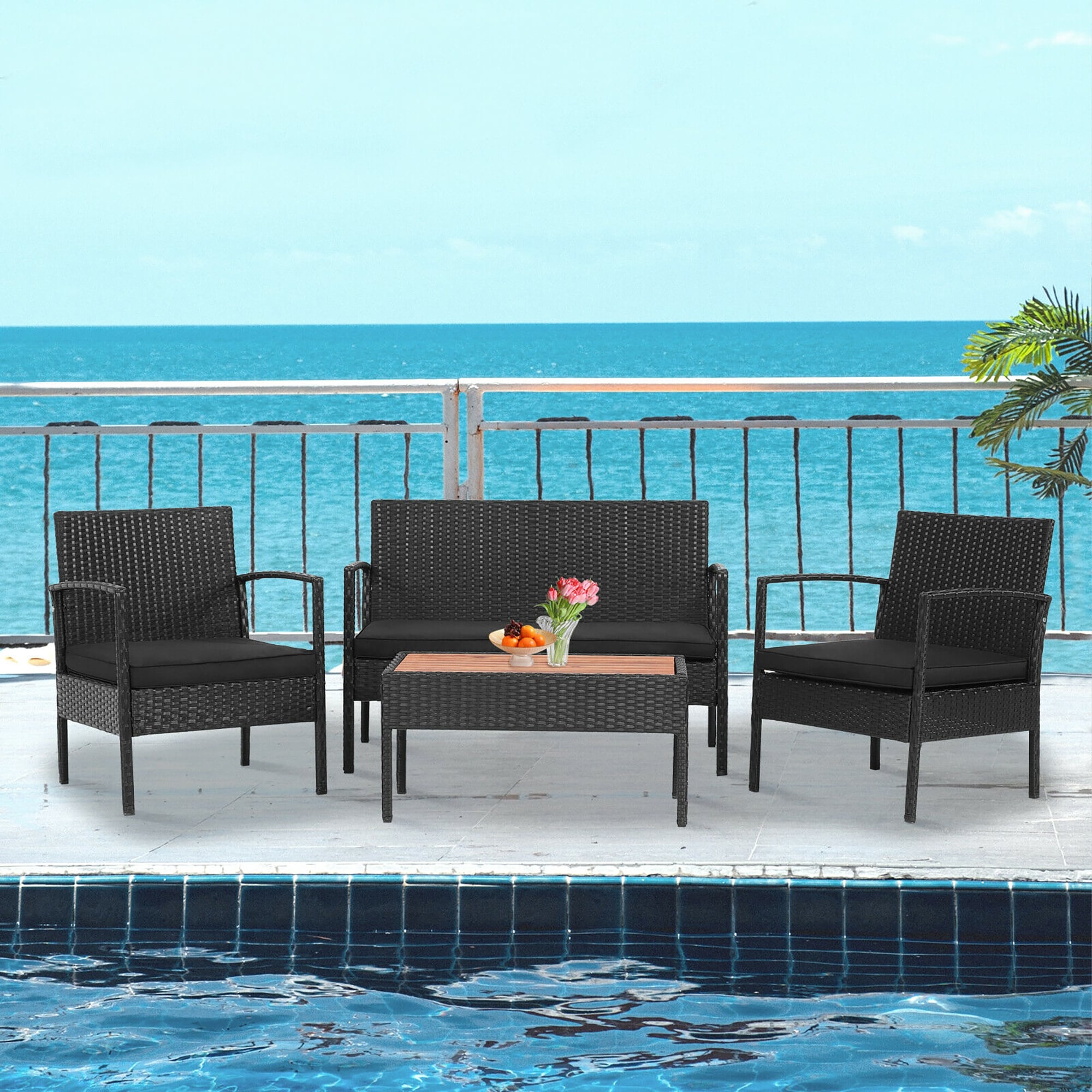 BABOOM BOM-8939-CO 4 -Piece Rattan 2 Patio Sofa Conversation Set with Black Cushions