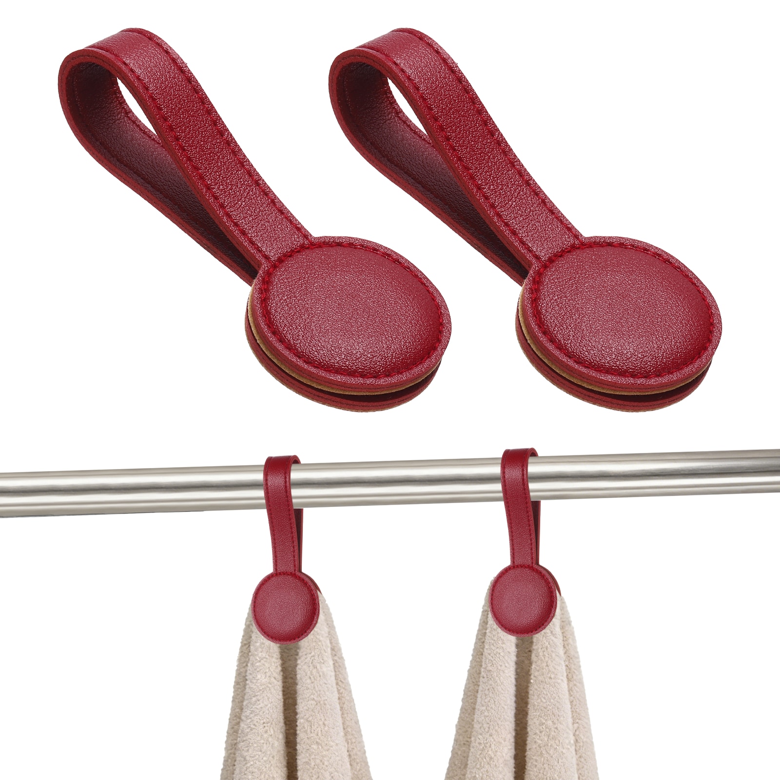 Unique Bargains 2pcs Kitchen Magnetic Towel Clips Leather Towel Holder Clip Multi-Purpose Hand Hooks Kitchen Accessories for Oven Handles Bars Racks Red #S26051300UX2091