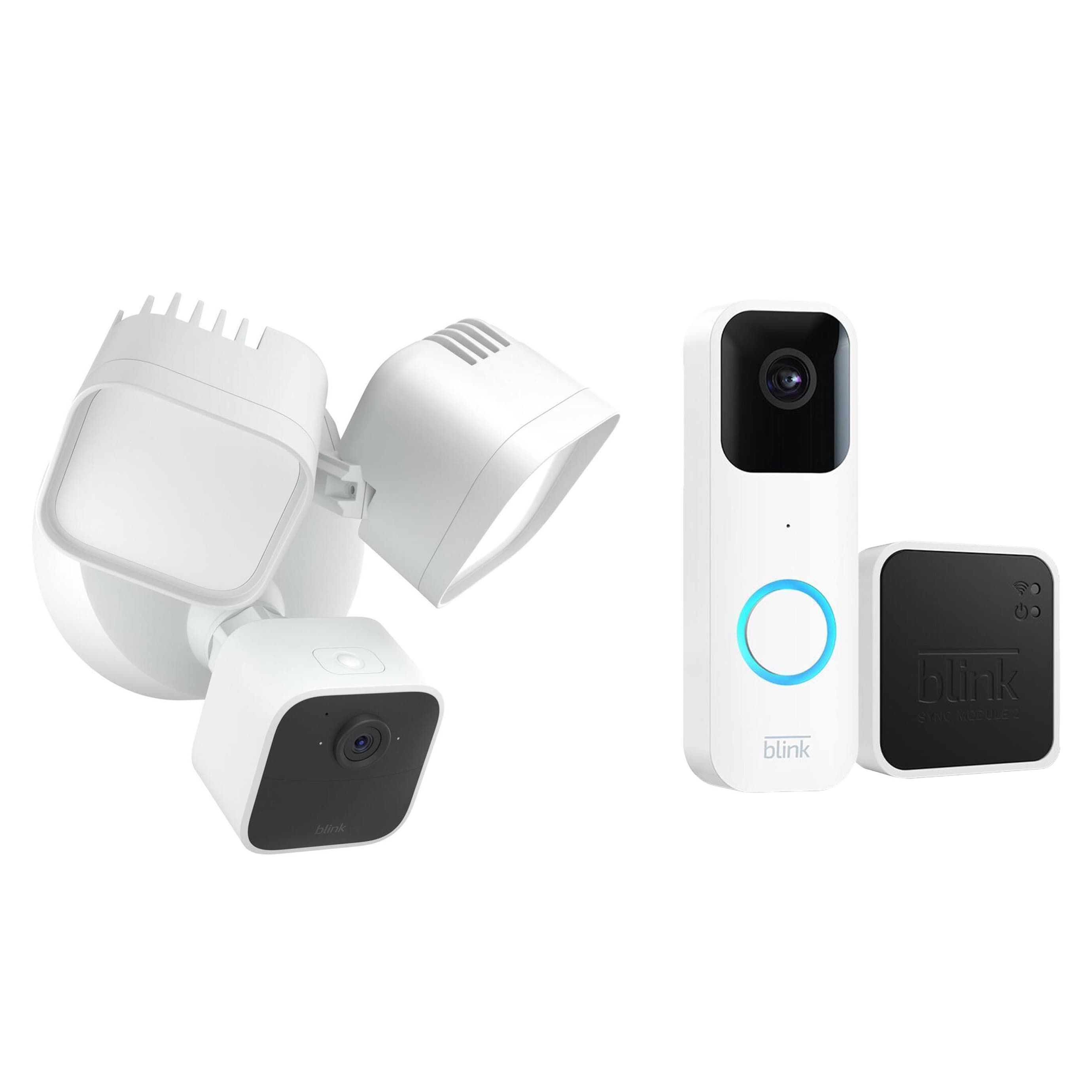 Blink Wired Floodlight Smart Security Camera, White + Wired or Wireless Smart Video Doorbell with Sync Module 2, White