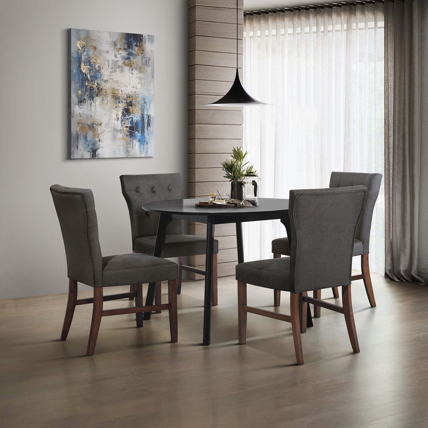 CasePiece C3084US-DGY-LN-BN-C3 Dark Grey Transitional Dining Room Set with Round Table ( Seats 4 )