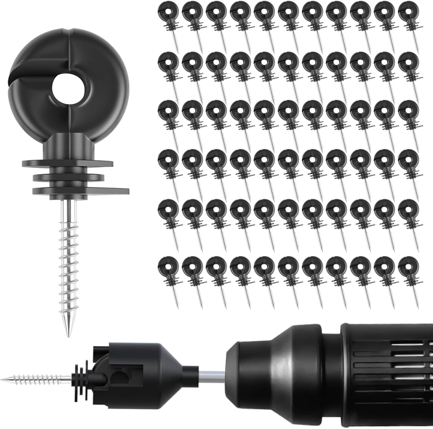 DYRCJ  60PCS Electric Fence Insulator Screw with Fence Ring Post Wood Post Insulator and 1 Pc Insulator Socket Tool Black
