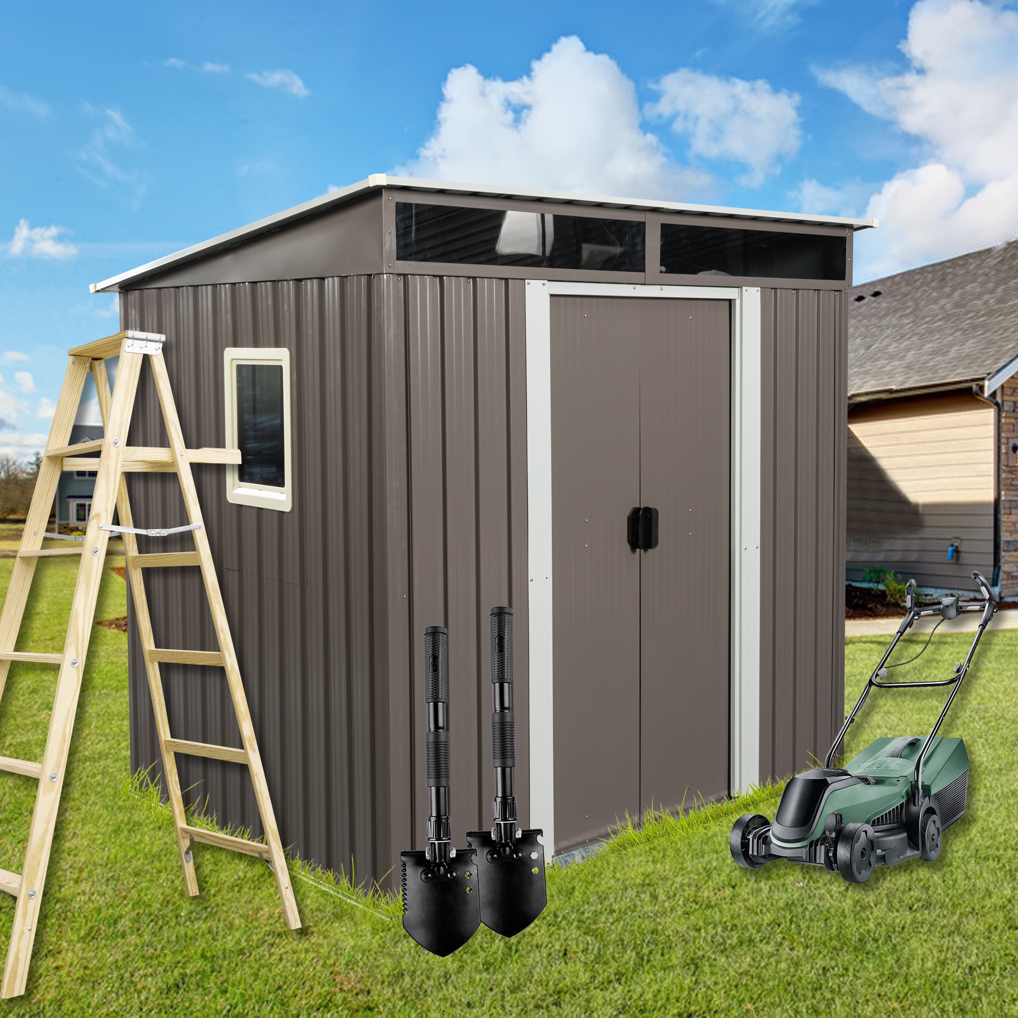 LOVMOR SF-M-W54071041 6ft x 5ft Outdoor Metal Storage Shed With window Transparent plate