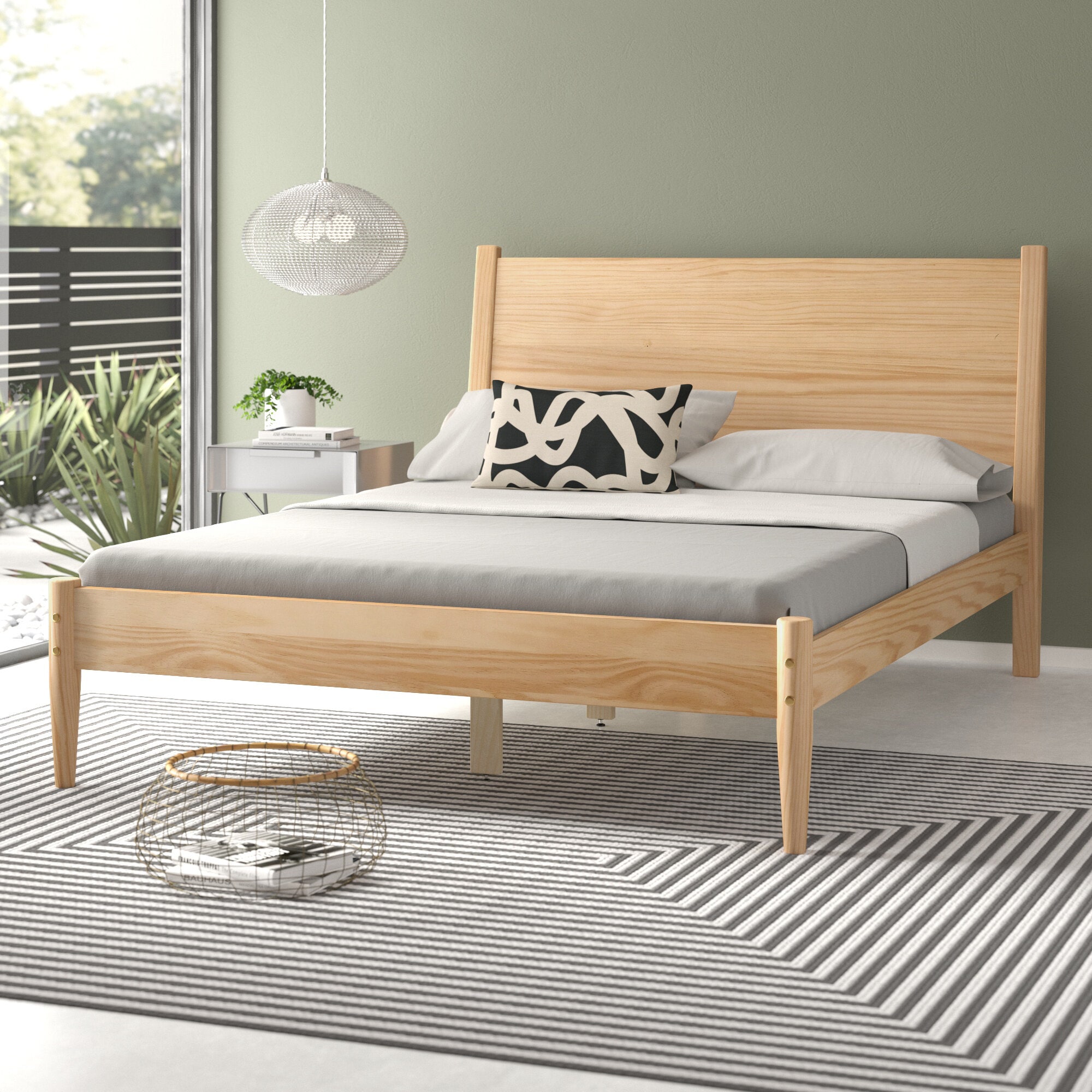 Scandinavian Oak Full Panel Mid-Century Modern Bed with Pine Frame