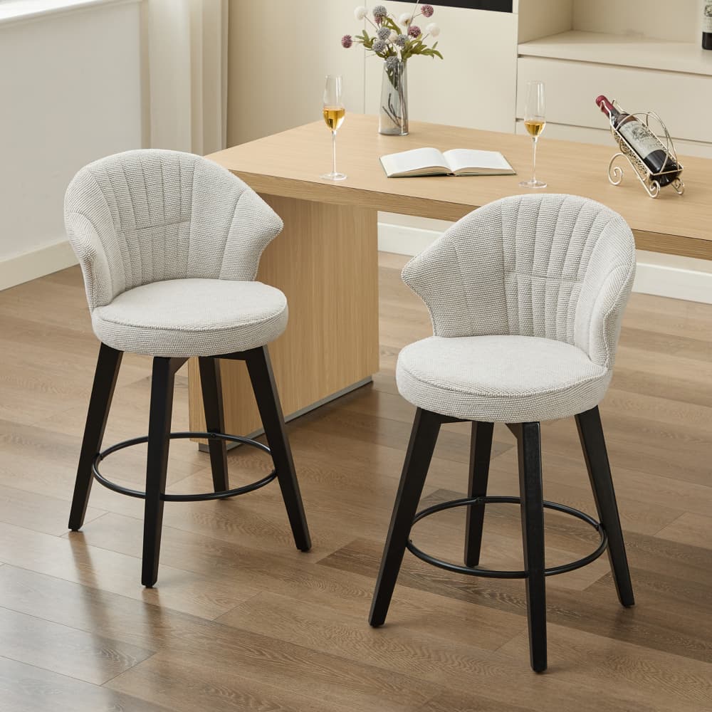 Maison Boucle LENA-COUNTER-BEIGE Beige Swivel Counter Height Bar Stools Set of 2 with Chenille Upholstery and Wood Legs for Kitchen