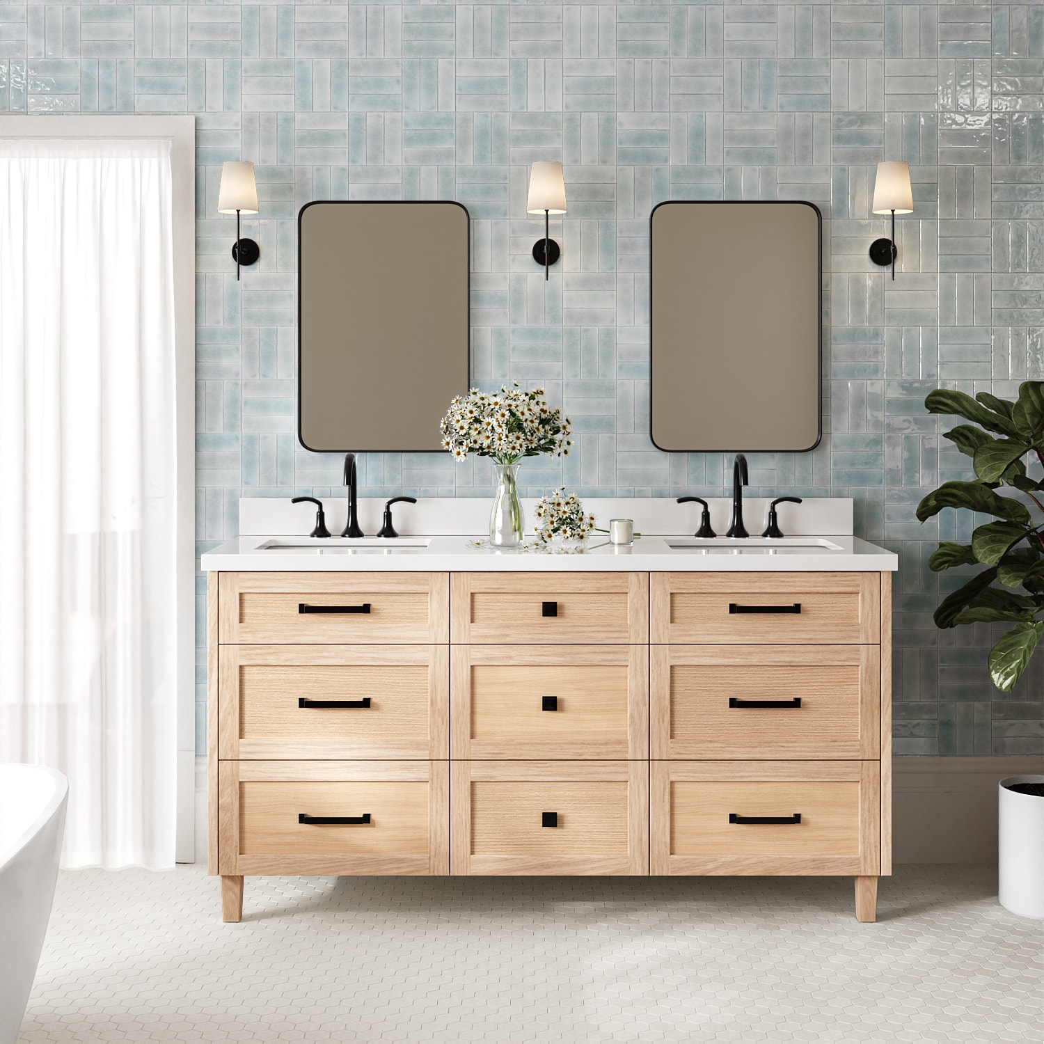 ARIEL Monroe 66-in Oak Undermount Double Sink Bathroom Vanity with Pure White Quartz Quartz Top