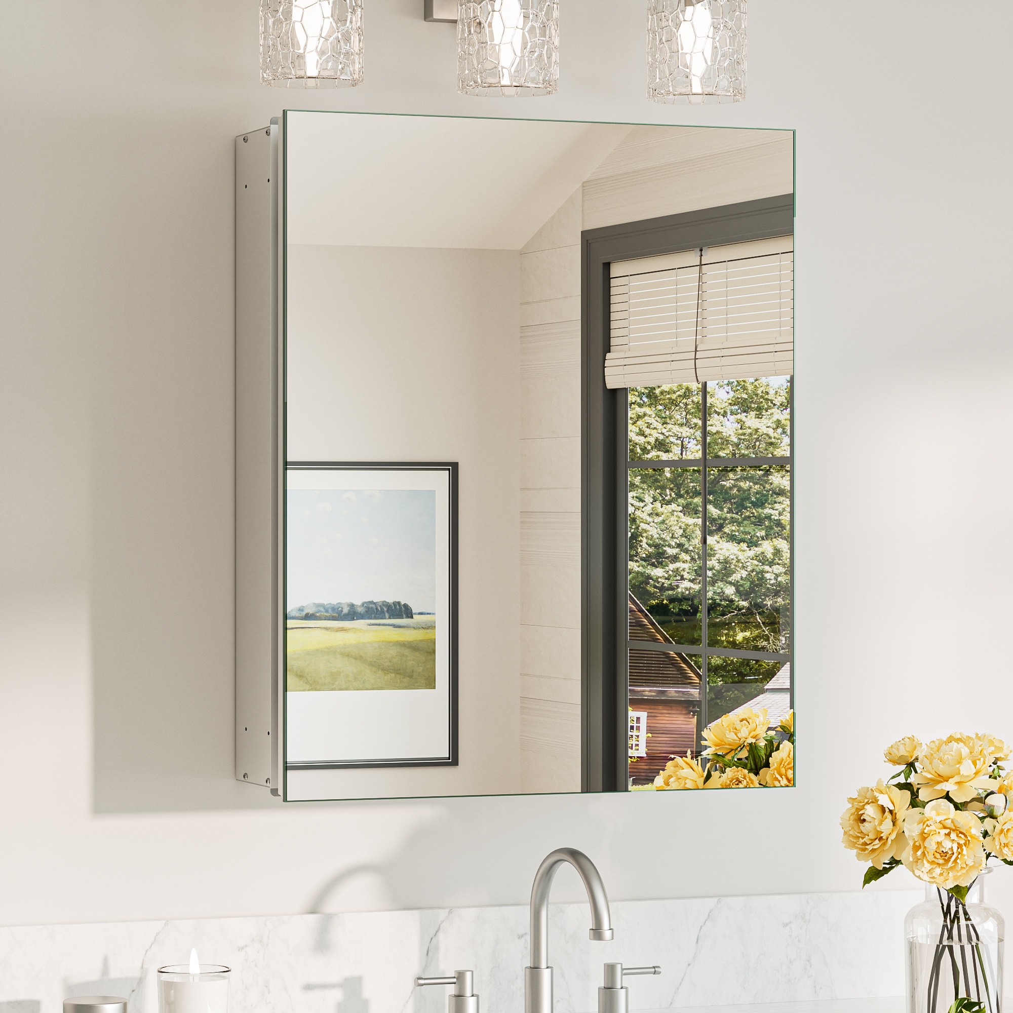 TETOTE 20 x 26 in Silver Frameless Surface/Recessed Aluminum Mirrored Rectangle Medicine Cabinet With Adjustable Shelves #LSC-TE-2026SI-M11
