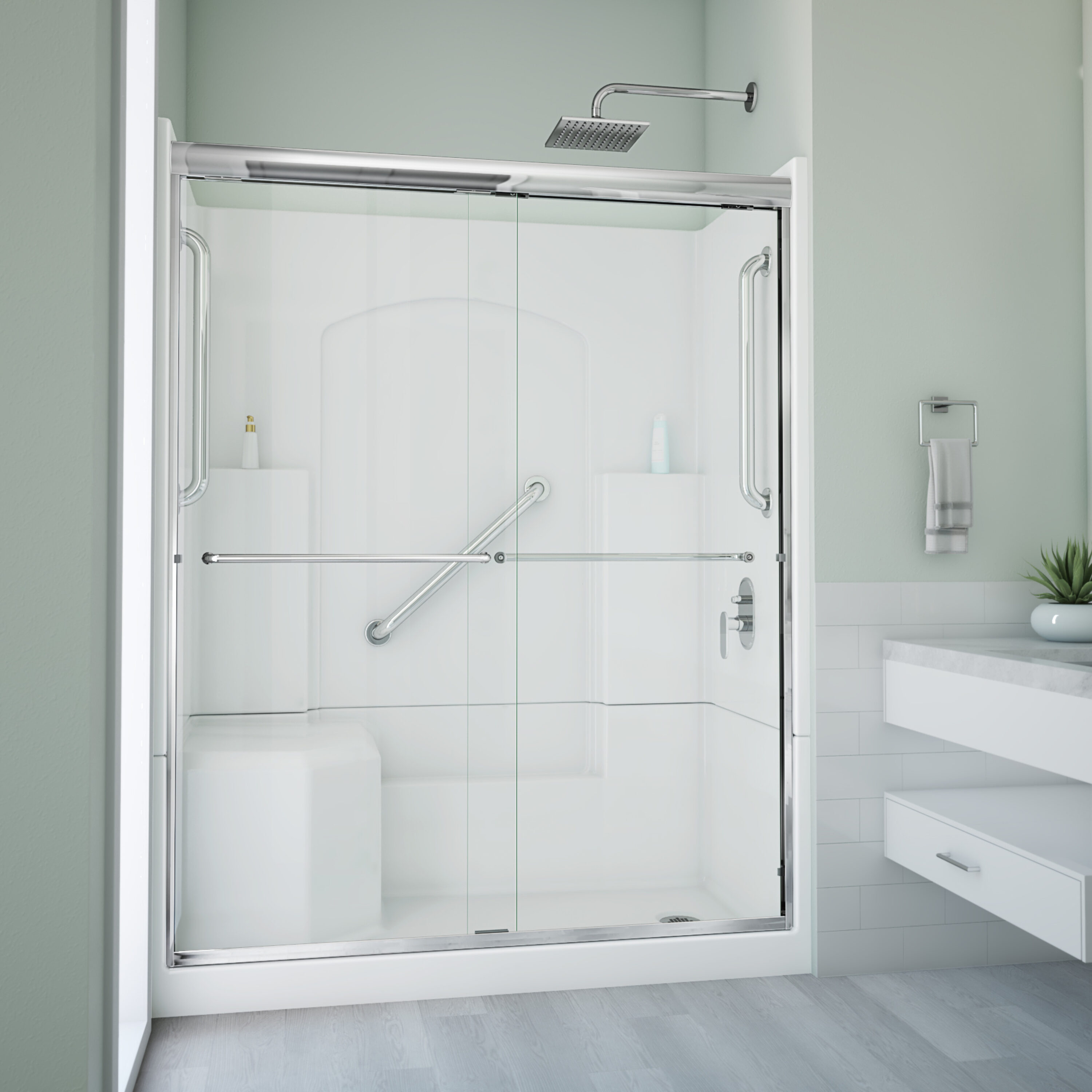 Laurel Mountain L3260SH1S4PLWC1 Ramer 5 -Piece 32-in W x 60-in L x 77-in H Alcove shower kit ( Right Drain) with Integrated Seat Base, Wall, Door and Drain Included Chrome Hardware Included