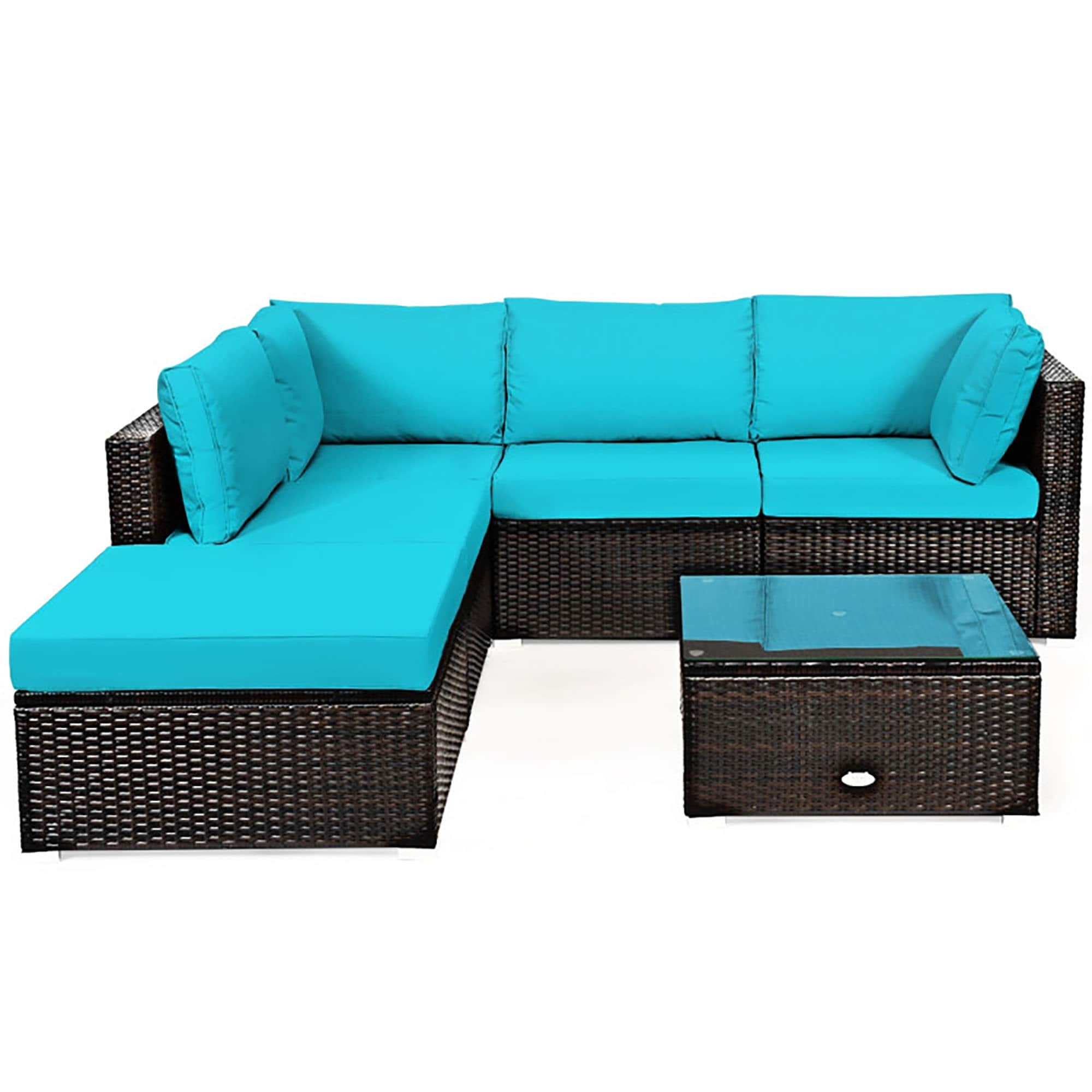 CASAINC CN-RS5003BL Outdoor Furniture Sets 6 -Piece Rattan 2 Patio Sofa Conversation Set with Blue Cushions