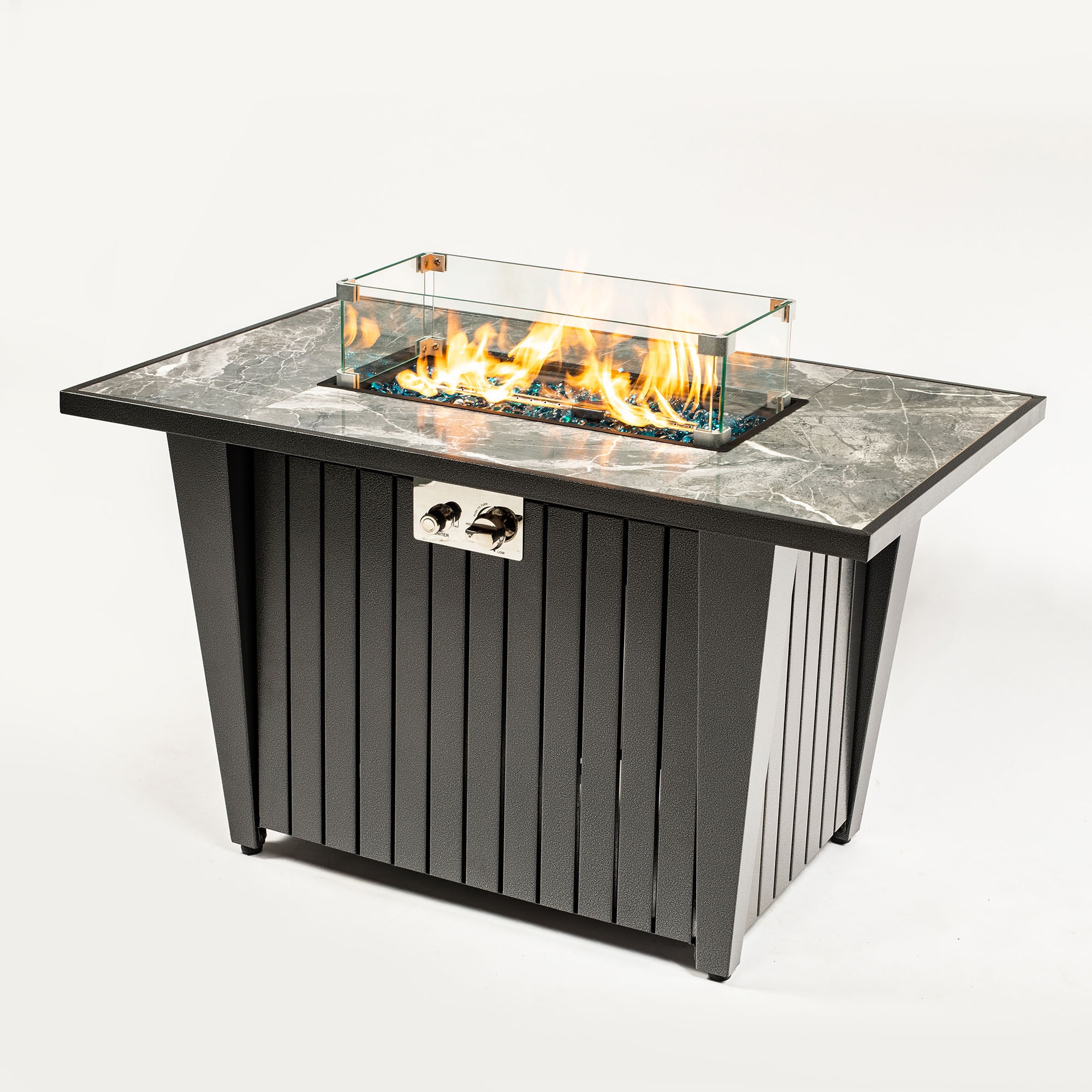 Christopher Knight Home 325739 Outdoor Fire Pit Table with Marble Tile Top Glass Wind Guard 50000 BTU Flame