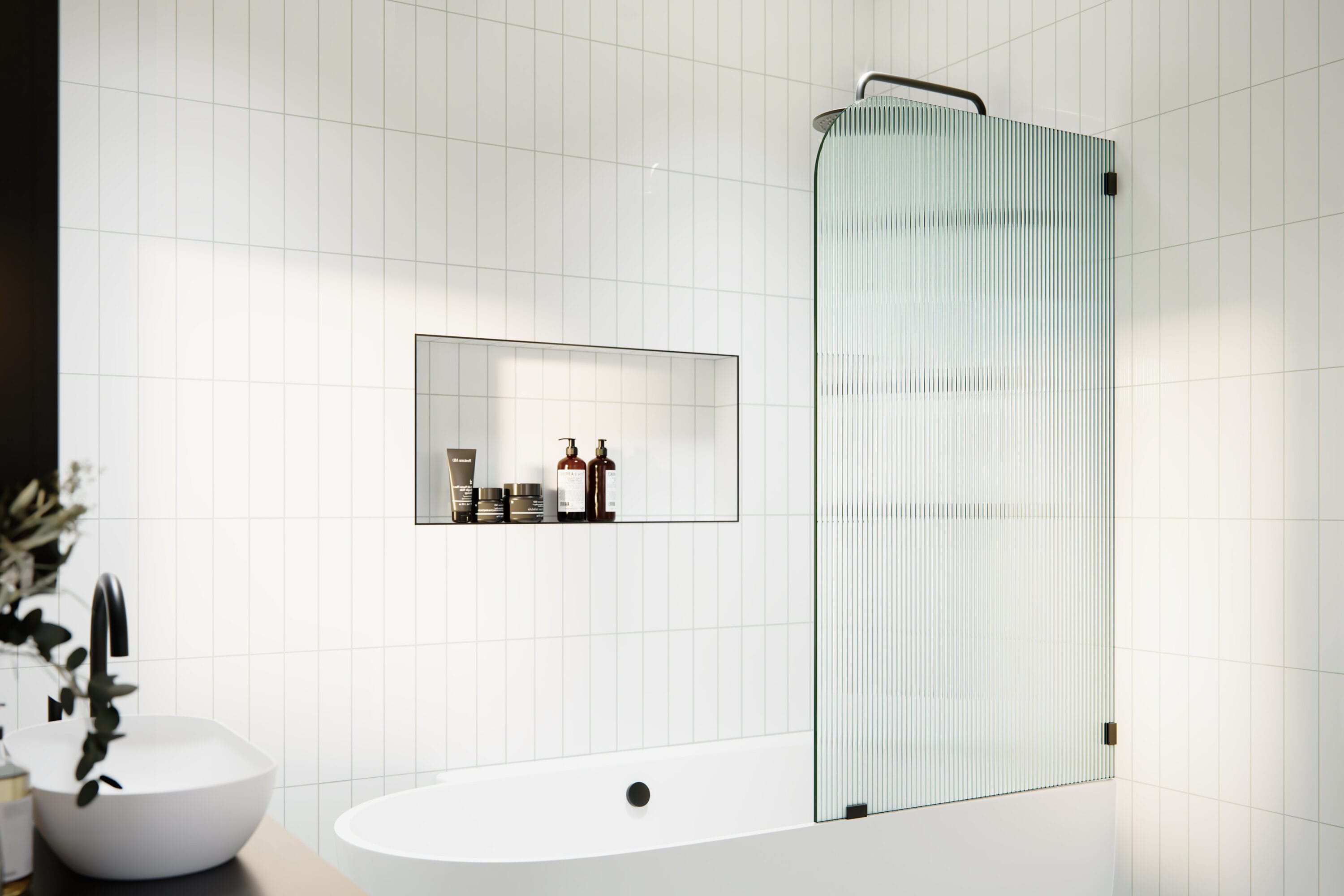 Glass Warehouse B-FL-RAD-34-R-MB Matte Black 34-in W x 58.25-in H Frameless Fixed Bathtub door 3/8-in Thick Fluted Glass
