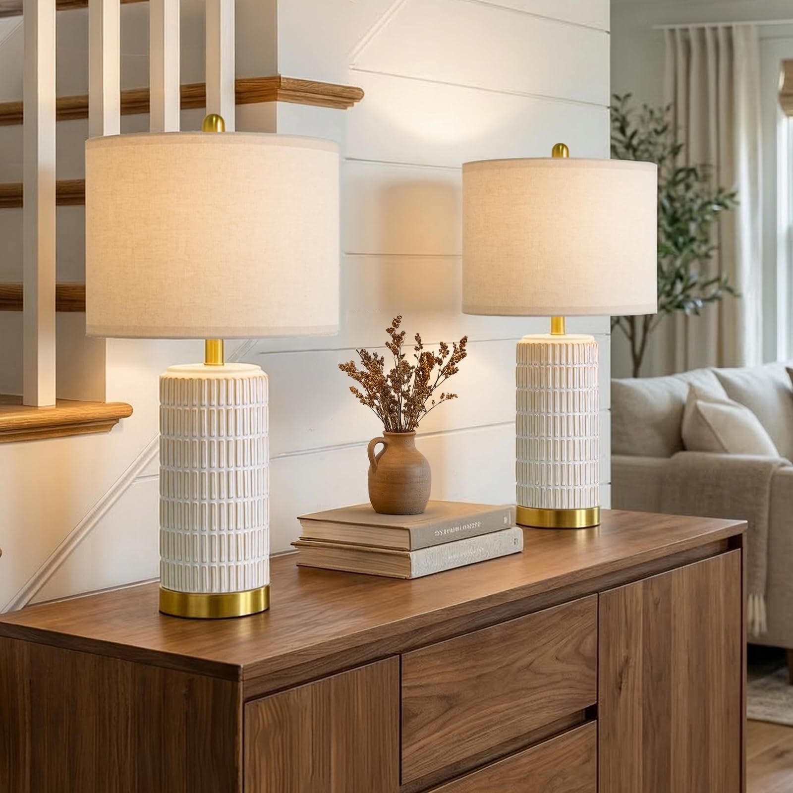 Vrbgify  2 Pack 21.5 Inch Ceramic Table Lamps with Gold Metal Base White Beige Farmhouse Modern Nightstand Lamps for Bedroom Living Room Office