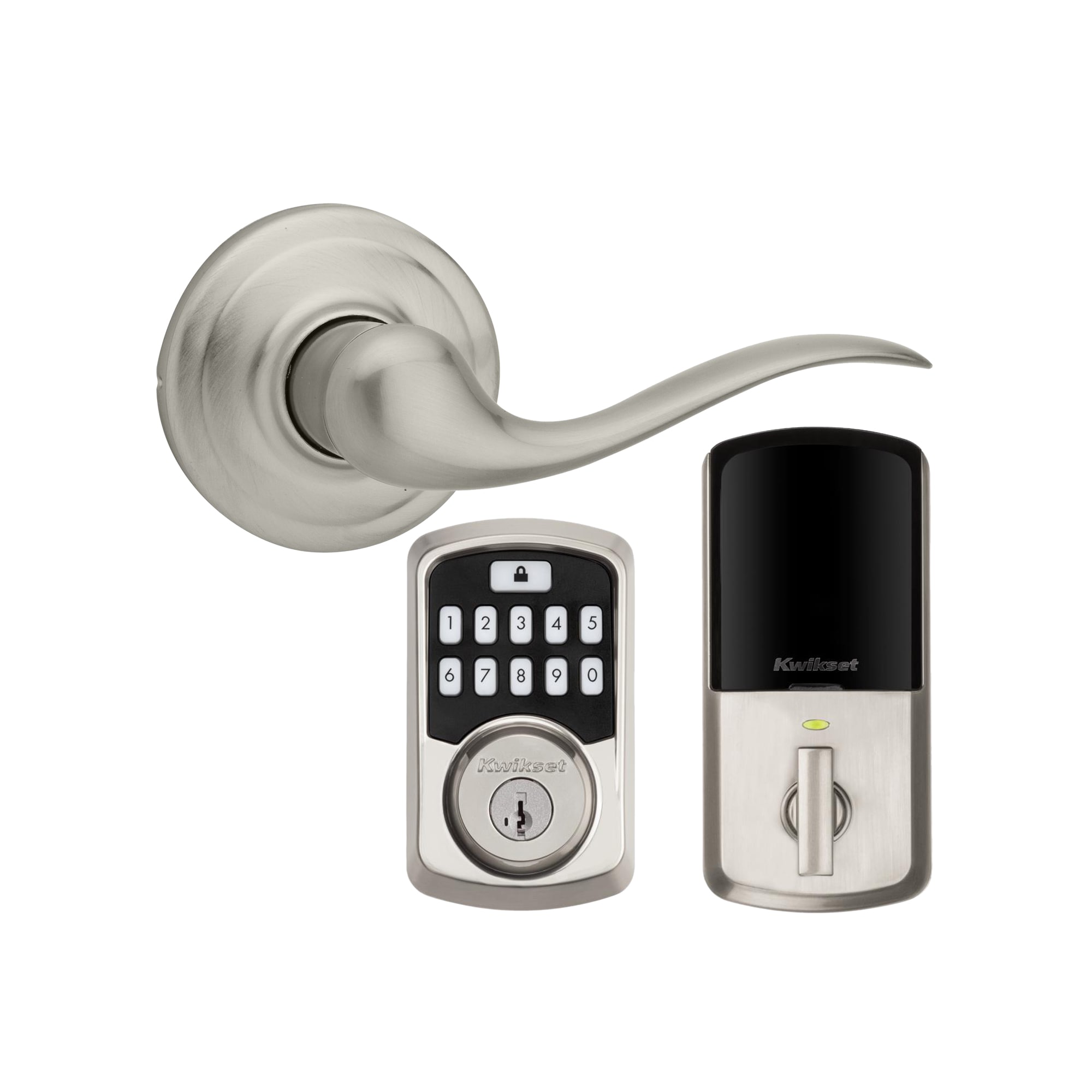 Shop Kwikset Aura Satin Nickel Bluetooth Enabled Electronic Deadbolt Keypad  with Signatures Tustin Universal Passage Door Handle at