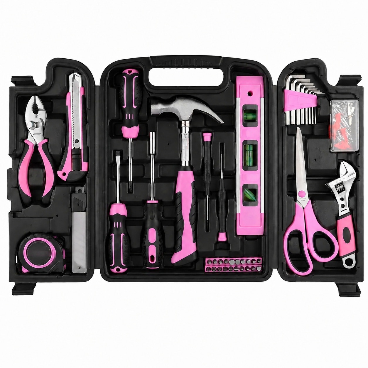 Afoxsos Pink Tool Set 131 Piece Household Tool Kit with Plastic Storage ...
