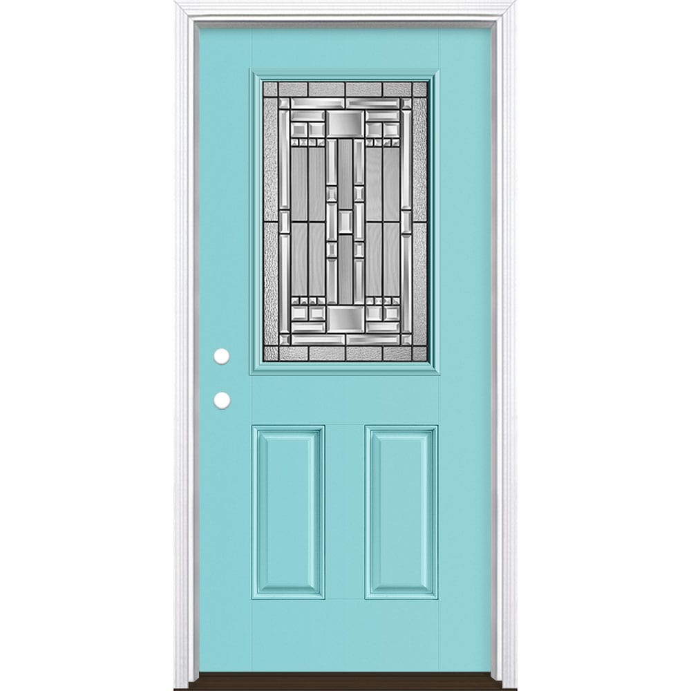 Masonite 3421266 Naples 36-in x 80-in x 4-9/16-in Fiberglass Half lite Right-hand inswing Caribbean Blue Painted Prehung Front Door with Brickmould Insulating core