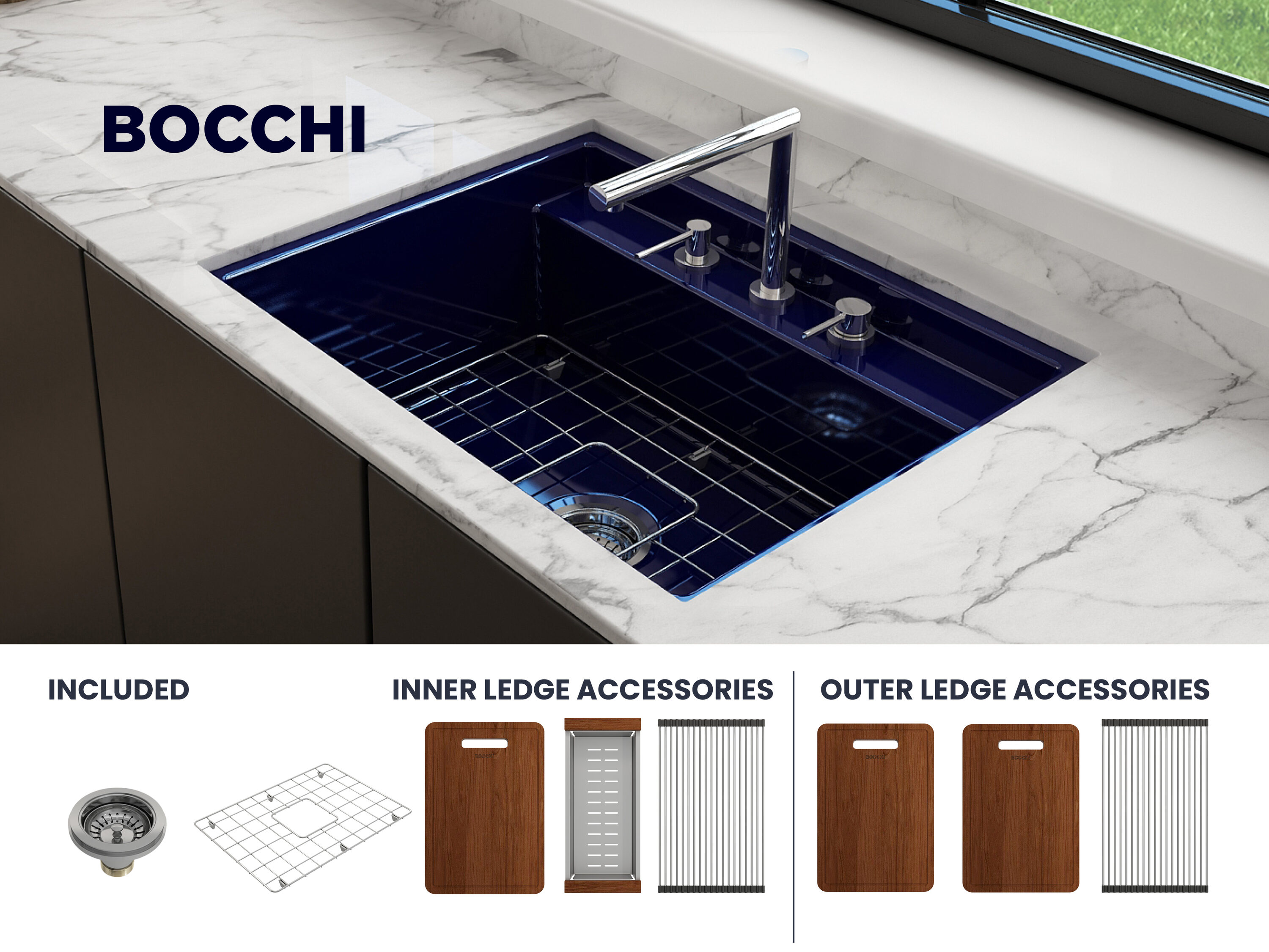 BOCCHI 1633-010-0127 Drop-in or undermount 27-in x 22-in Fireclay Single bowl 3-Hole Workstation Kitchen Sink