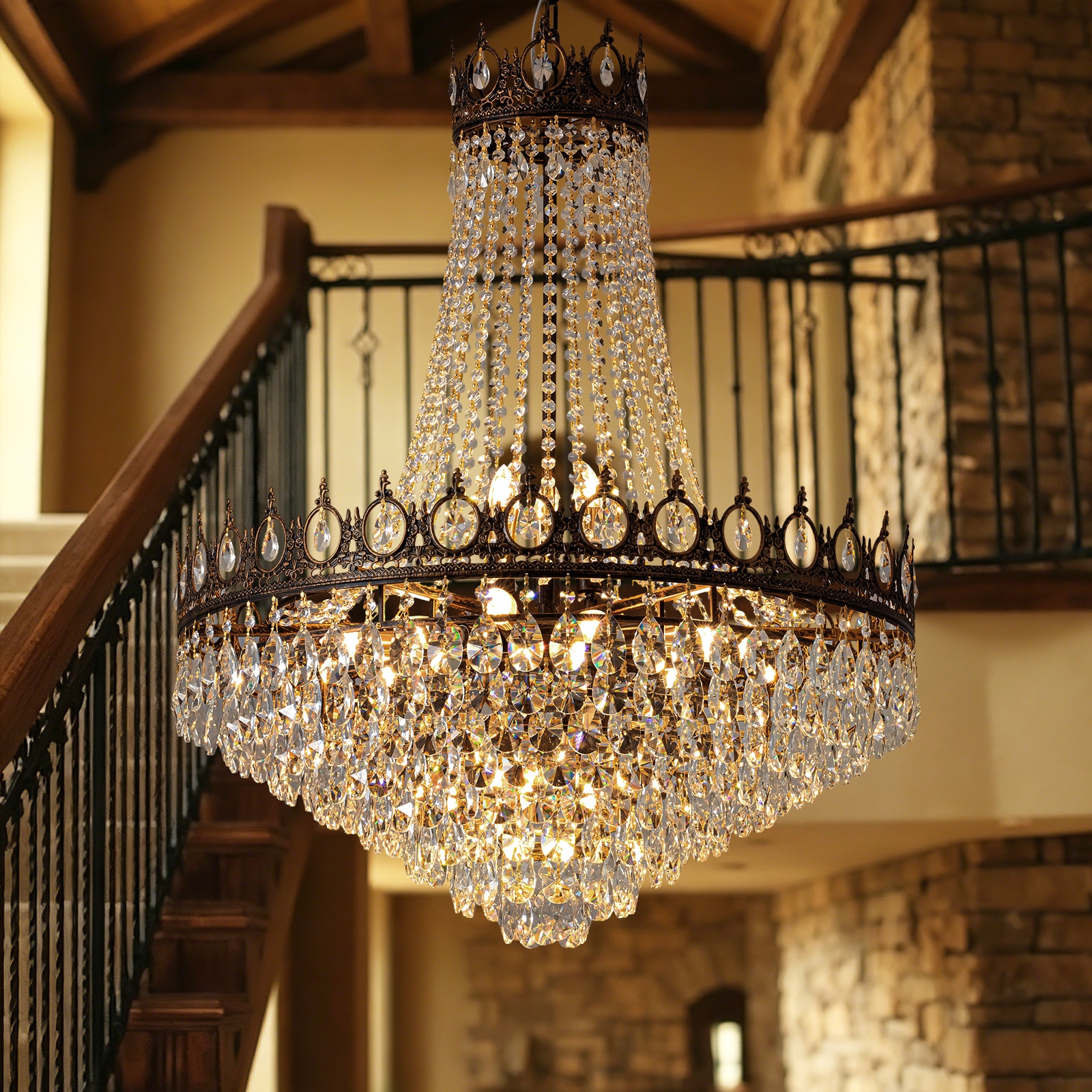 SILJOY 32-In Vintage Empire Crystal Chandelier 16-Light Teardrop Pendant Light Antique Black Wrought Iron Hanging Light E12 Base Adjustable Chain for Staircases Foyers and High Ceilings Sansujyuku sansujyuku.com