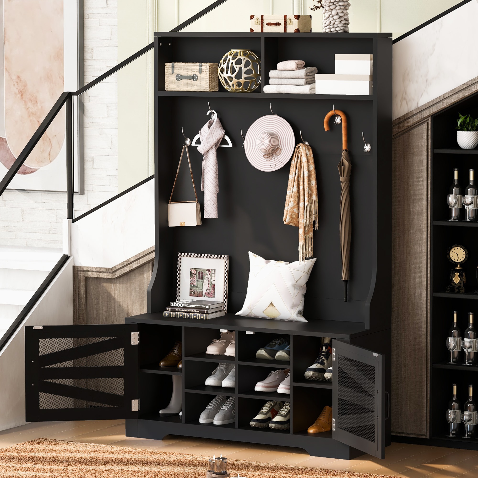 ModernLuxe L3P-N724P264668B 43.3inch Entryway Bench with Coat Rack 3in1 Design and Adjustable Shelves Hall Tree with 7 Hooks for Entrance Living Room